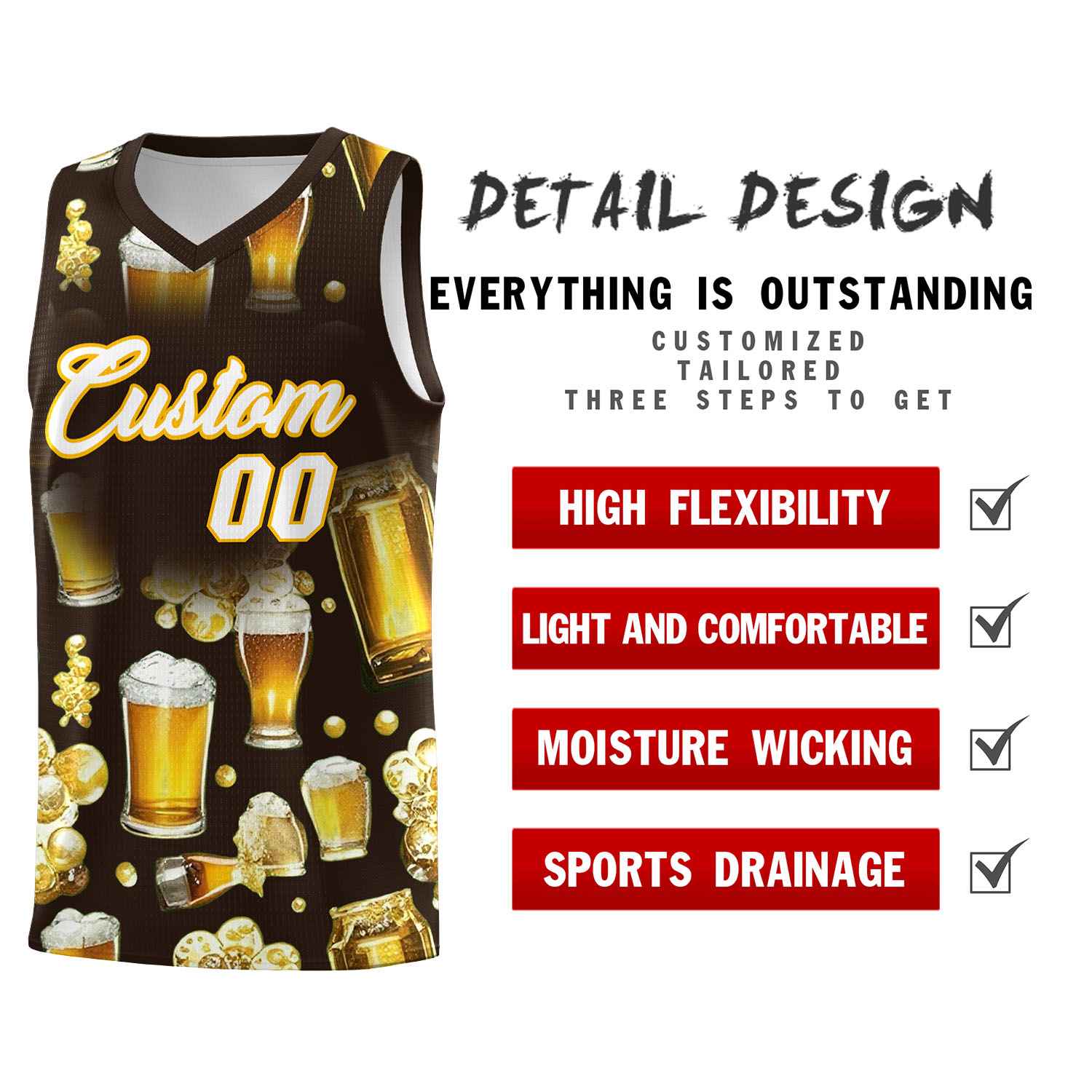 Custom Brown National Beer Day Personalized Beer Bubble Basketball Jersey | Perfect for parties | Dye-sublimation printing | KXKSHOP