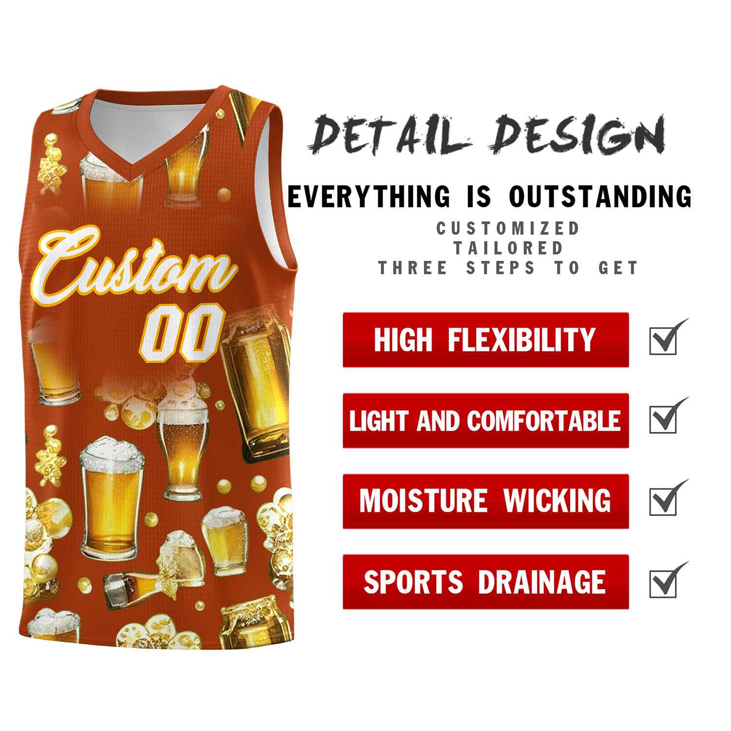 Custom Dark Orange National Beer Day Personalized Beer Bubble Basketball Jersey | Perfect for parties | Dye-sublimation printing | KXKSHOP
