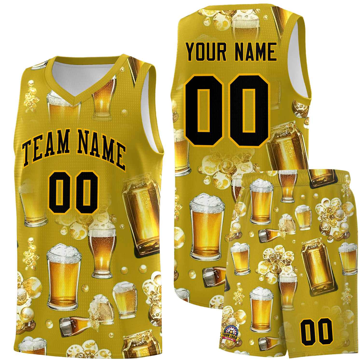 Custom Old Gold National Beer Day Personalized Beer Bubble Basketball Jersey | Perfect for parties | Dye-sublimation printing | KXKSHOP