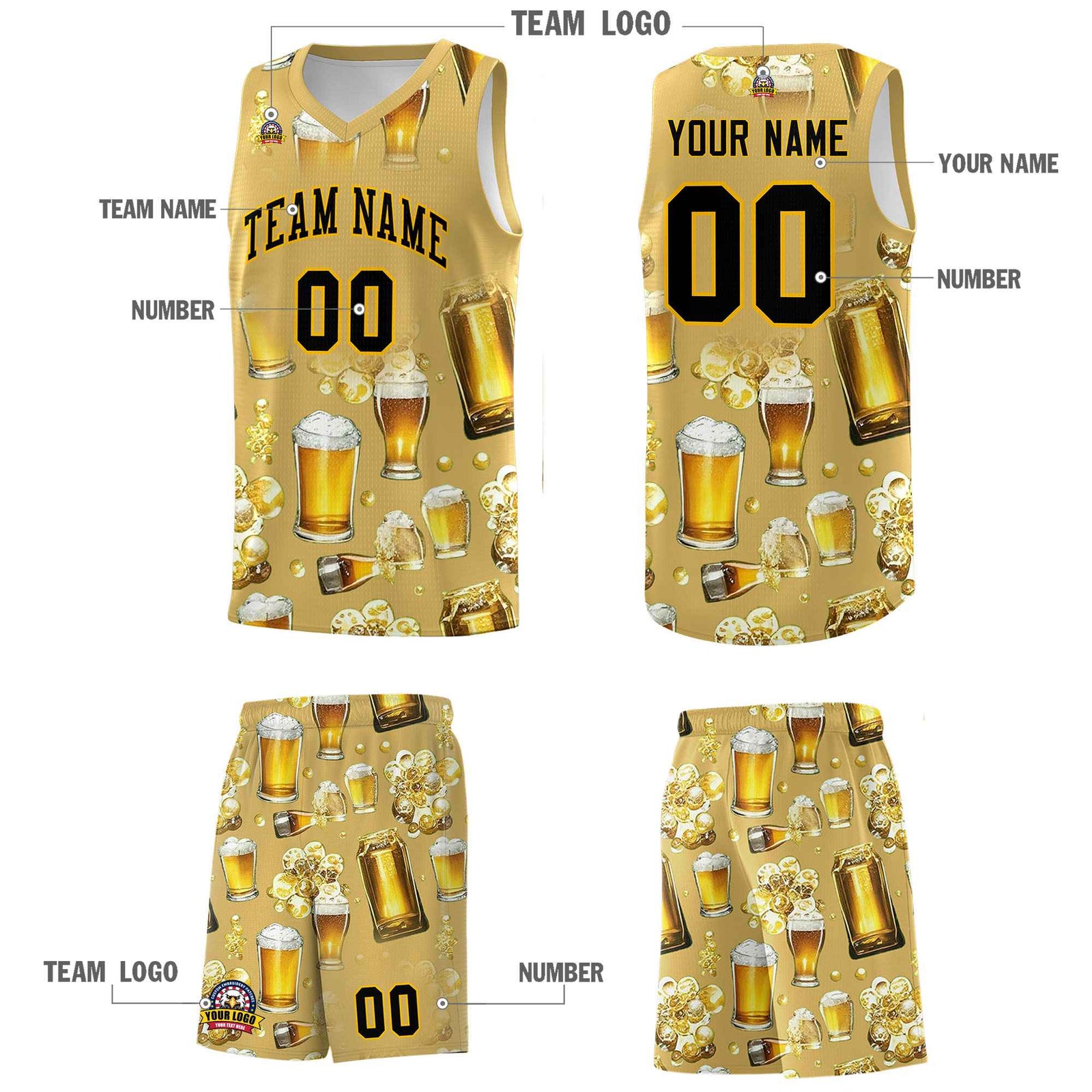Custom Old Gold National Beer Day Personalized Beer Bubble Basketball Jersey | Perfect for parties | Dye-sublimation printing | KXKSHOP