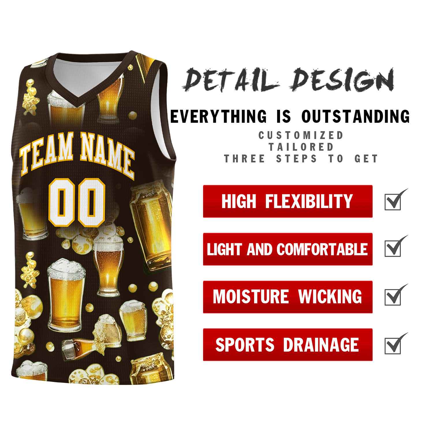 Custom Brown National Beer Day Personalized Beer Bubble Basketball Jersey | Perfect for parties | Dye-sublimation printing | KXKSHOP
