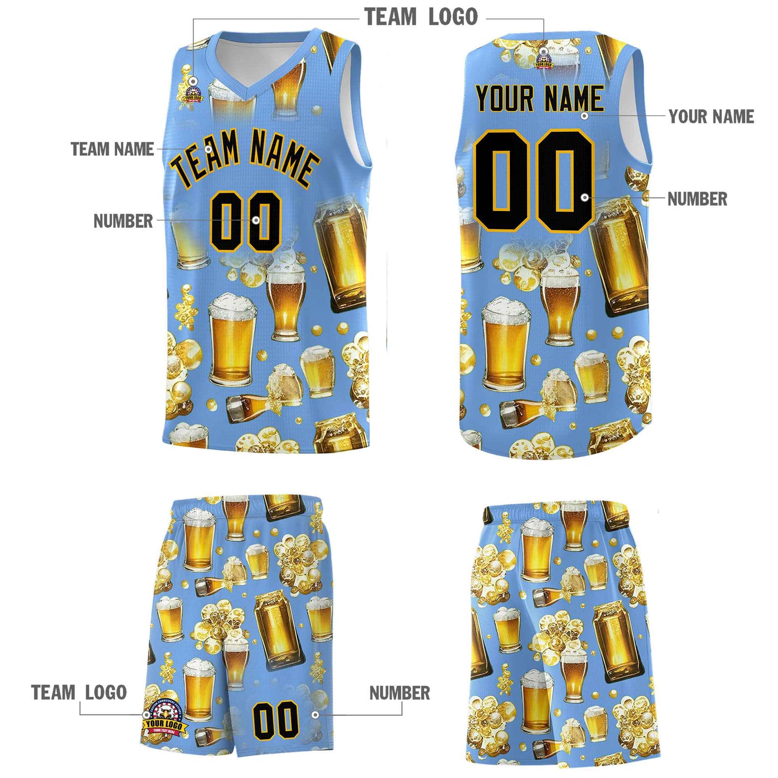 Custom Light Blue National Beer Day Personalized Beer Bubble Basketball Jersey | Perfect for parties | Dye-sublimation printing | KXKSHOP