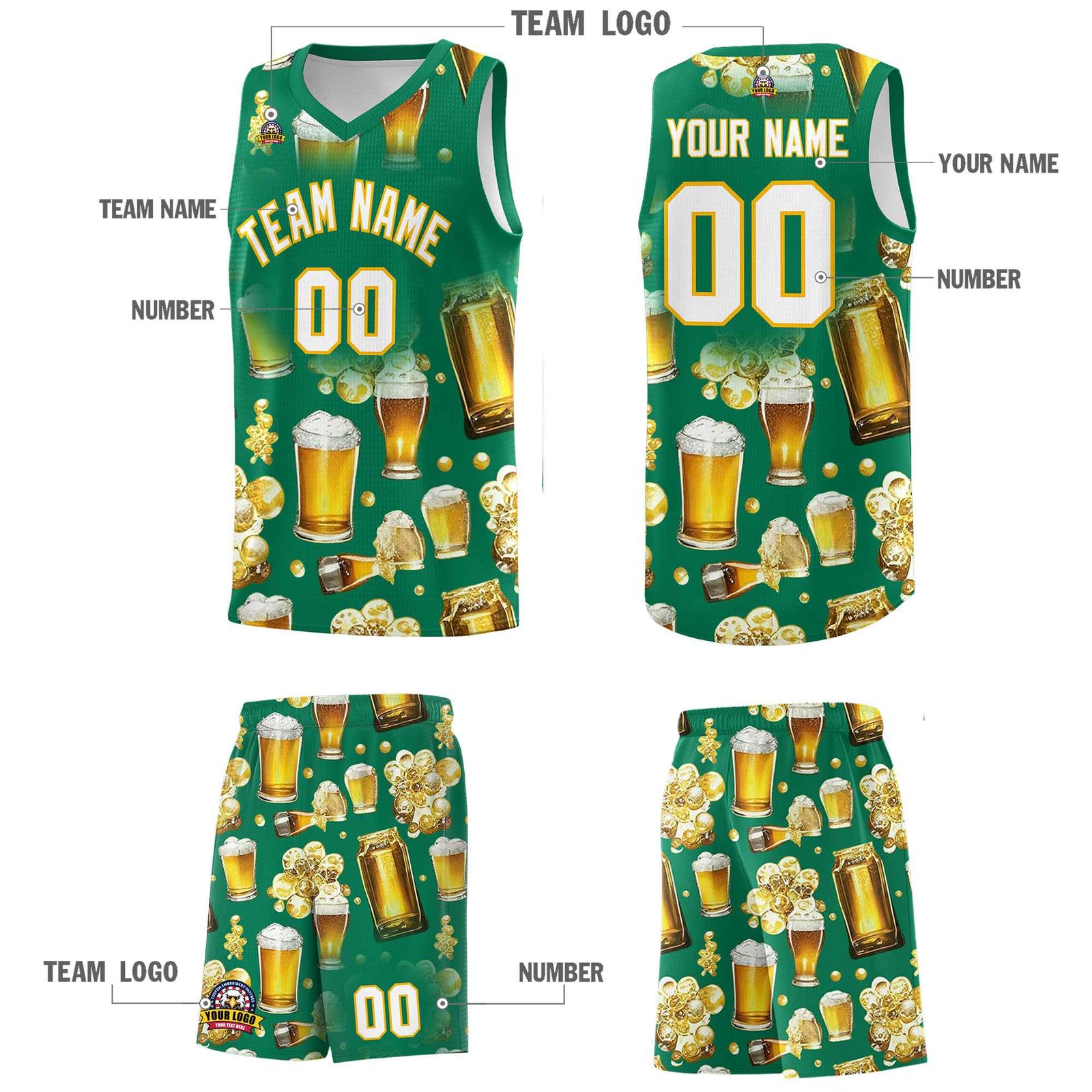 Custom Kelly Green National Beer Day Personalized Beer Bubble Basketball Jersey | Perfect for parties | Dye-sublimation printing | KXKSHOP