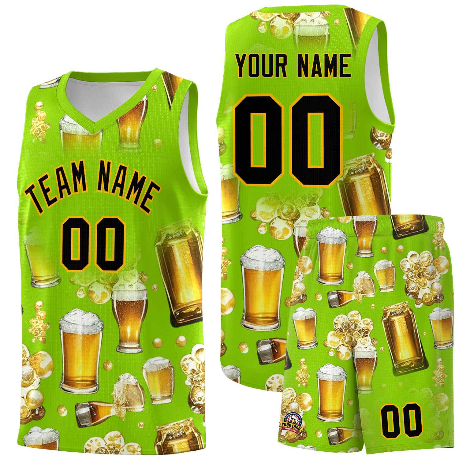 Custom Neon Green National Beer Day Personalized Beer Bubble Basketball Jersey | Perfect for parties | Dye-sublimation printing | KXKSHOP