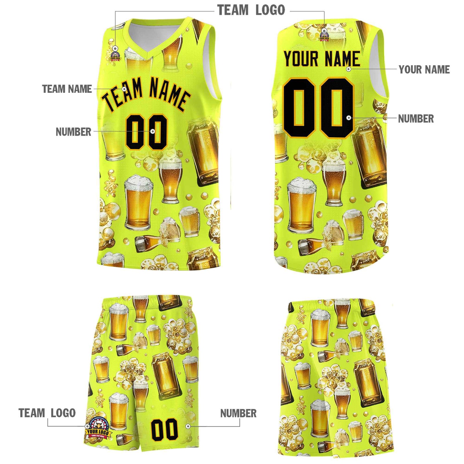 Custom Fluorescent Green National Beer Day Personalized Beer Bubble Basketball Jersey | Perfect for parties | Dye-sublimation printing | KXKSHOP