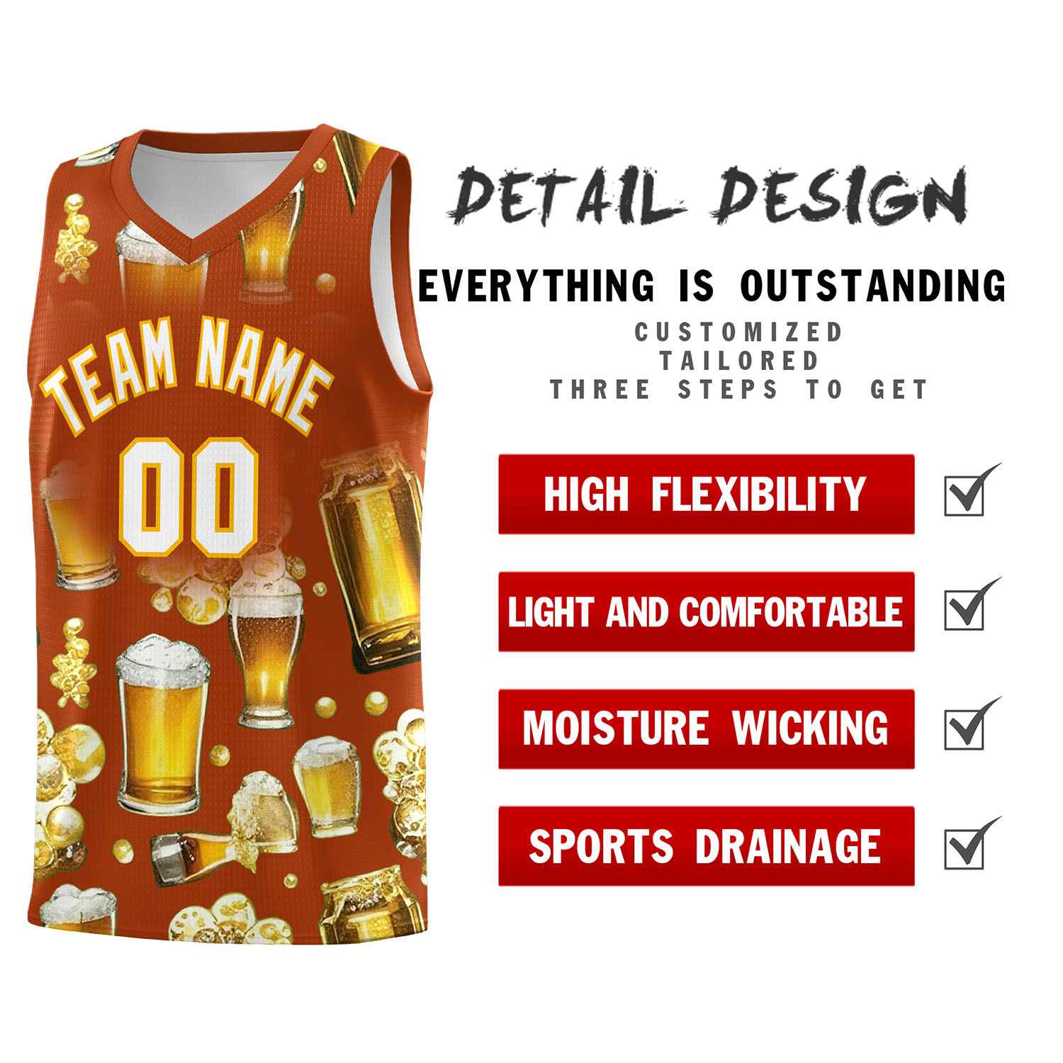 Custom Dark Orange National Beer Day Personalized Beer Bubble Basketball Jersey | Perfect for parties | Dye-sublimation printing | KXKSHOP