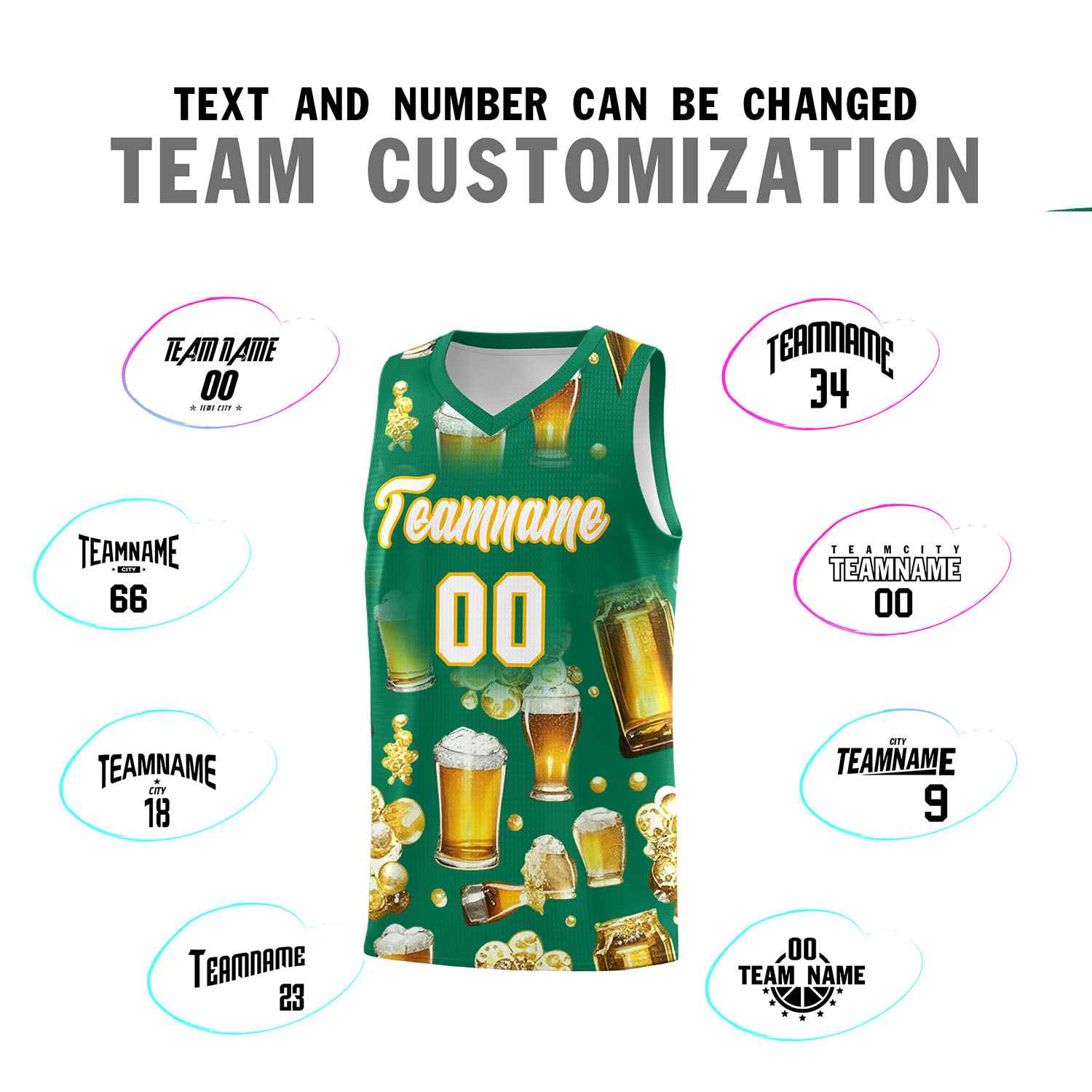 Custom Kelly Green National Beer Day Personalized Beer Bubble Basketball Jersey | Perfect for parties | Dye-sublimation printing | KXKSHOP