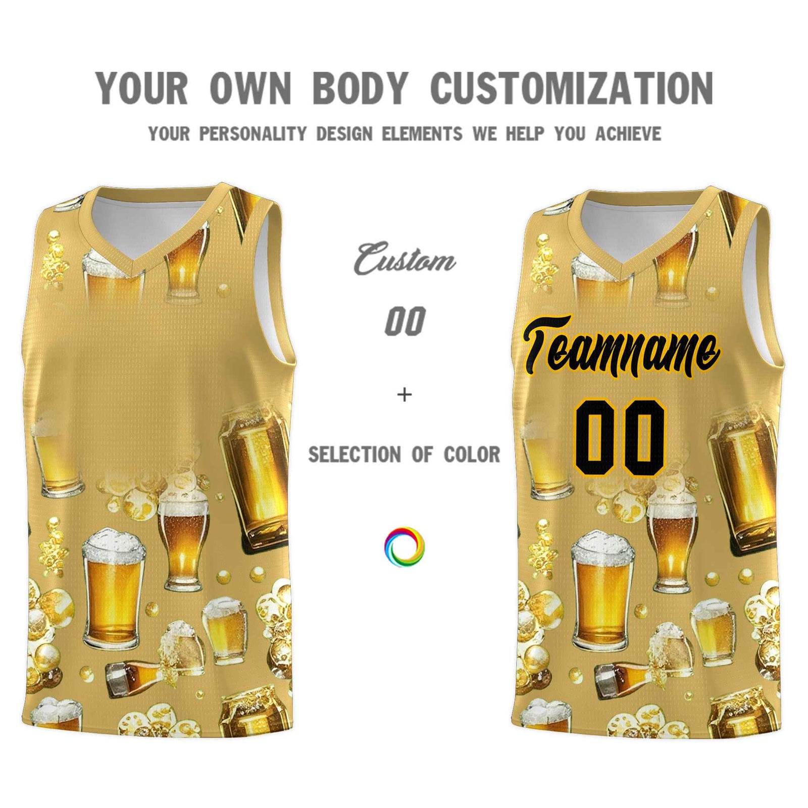 Custom Old Gold National Beer Day Personalized Beer Bubble Basketball Jersey | Perfect for parties | Dye-sublimation printing | KXKSHOP