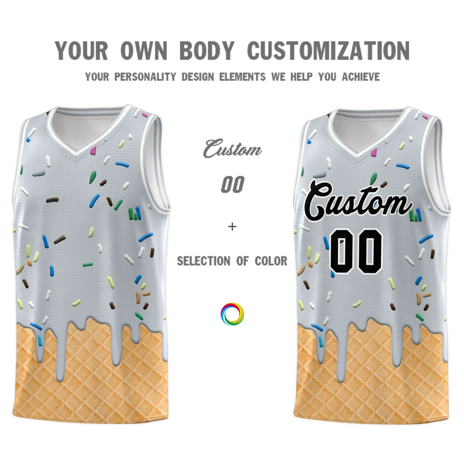 Custom Silver Basketball Kits with Ice Cream Element Pattern
