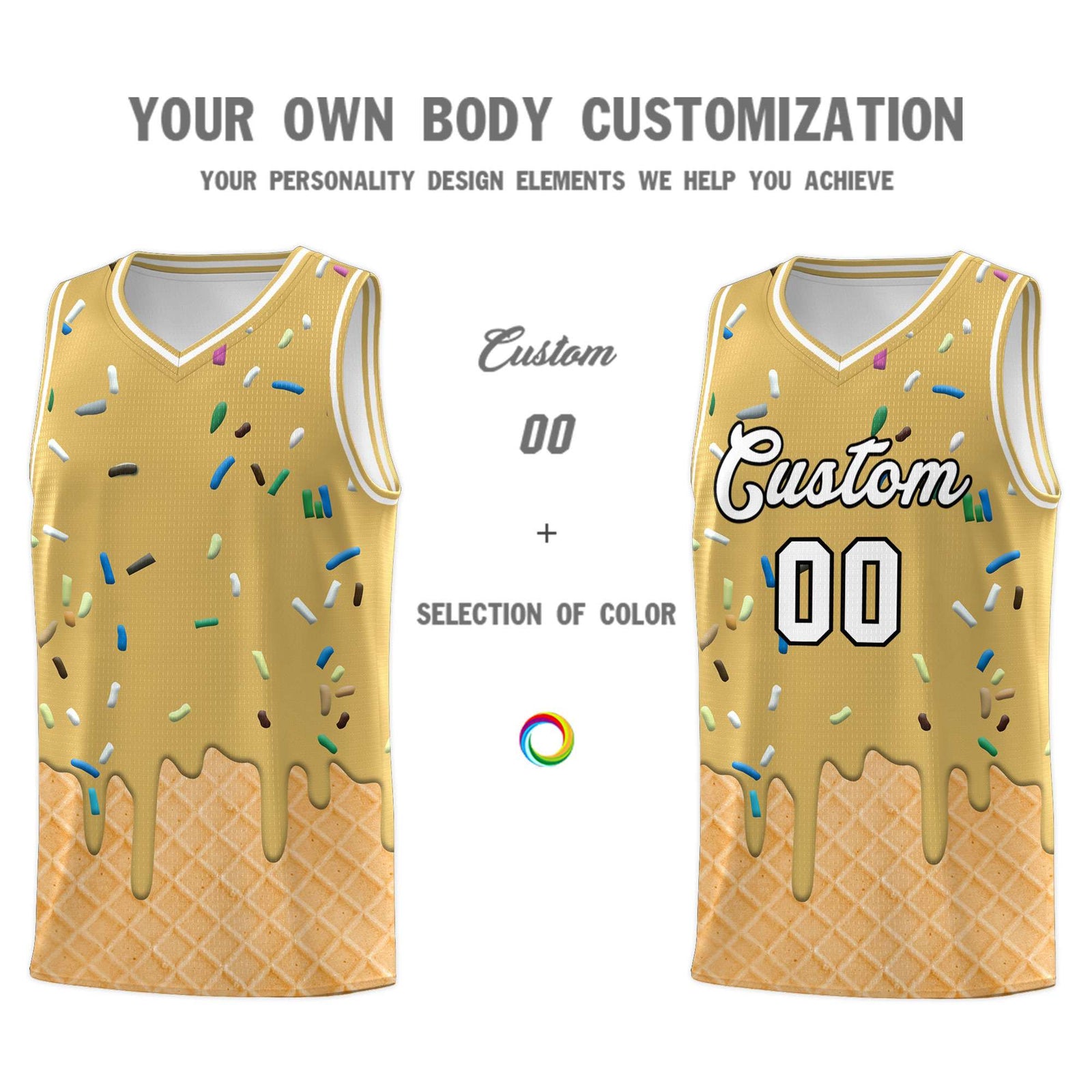 Custom Old Gold Basketball Kits with Ice Cream Element Pattern