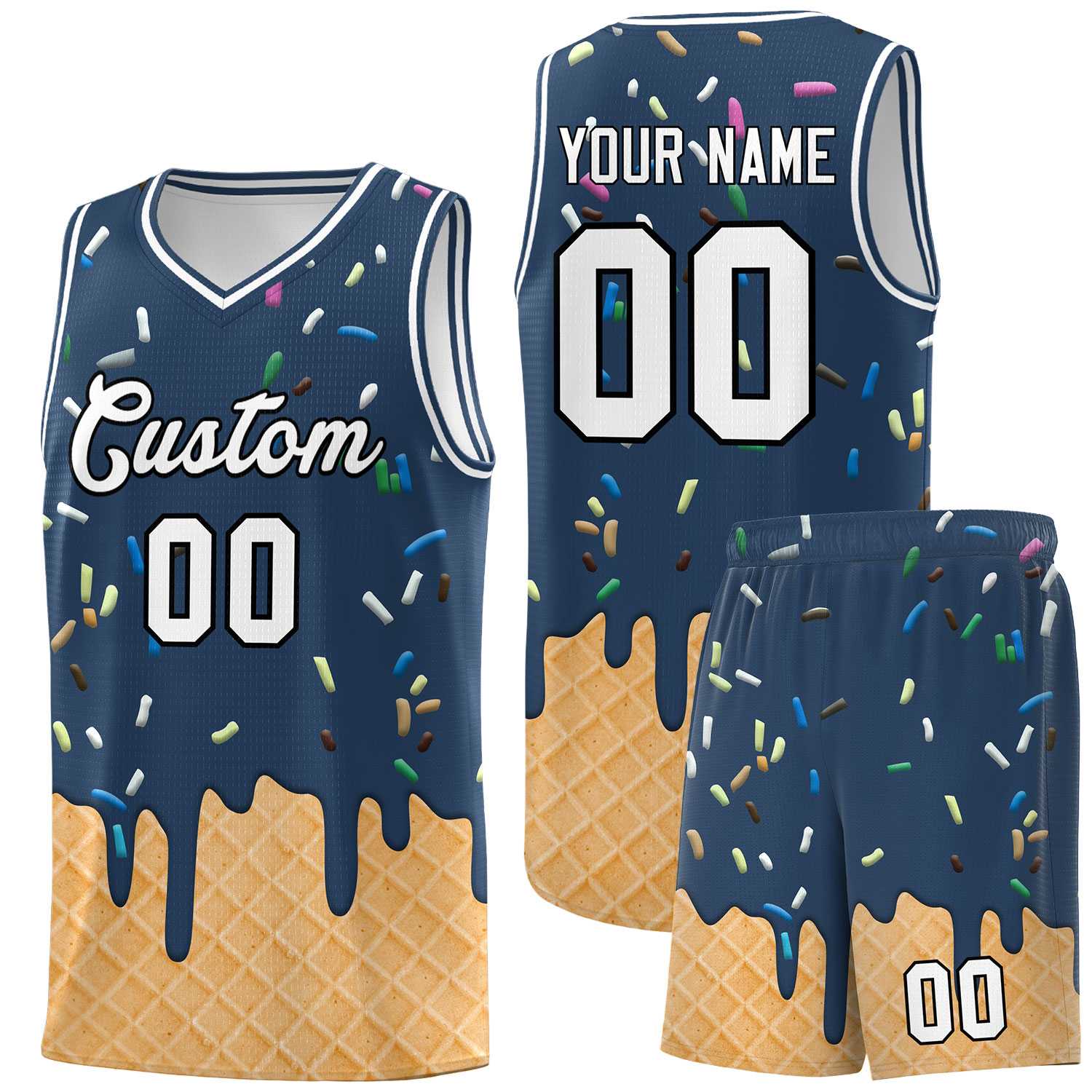 Custom Midnight Blue Basketball Kits with Ice Cream Element Pattern