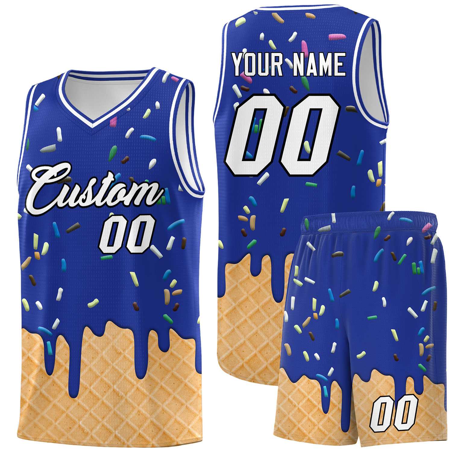 Custom Royal Blue Basketball Kits with Ice Cream Element Pattern