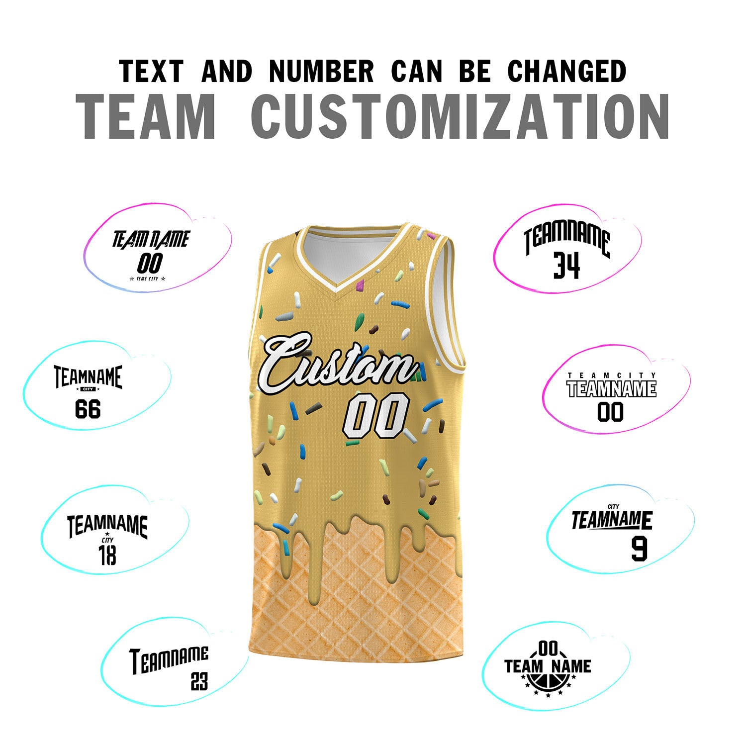 Custom Old Gold Basketball Kits with Ice Cream Element Pattern