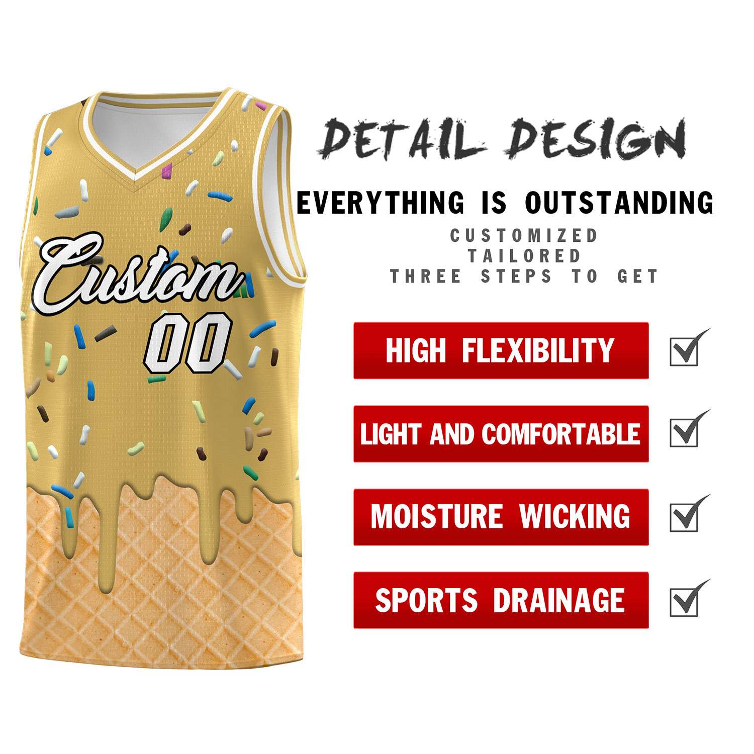 Custom Old Gold Basketball Kits with Ice Cream Element Pattern