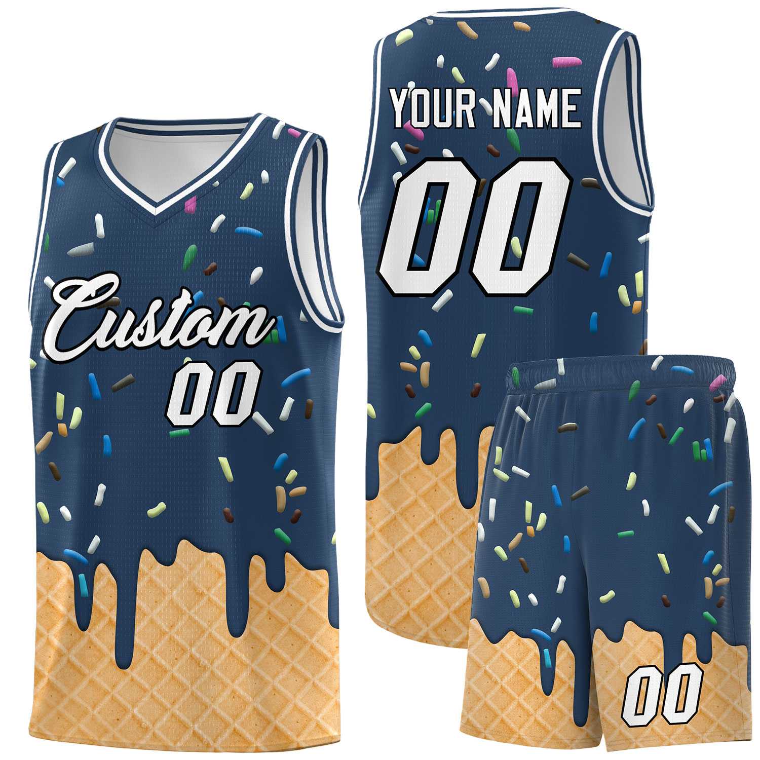 Custom Midnight Blue Basketball Kits with Ice Cream Element Pattern