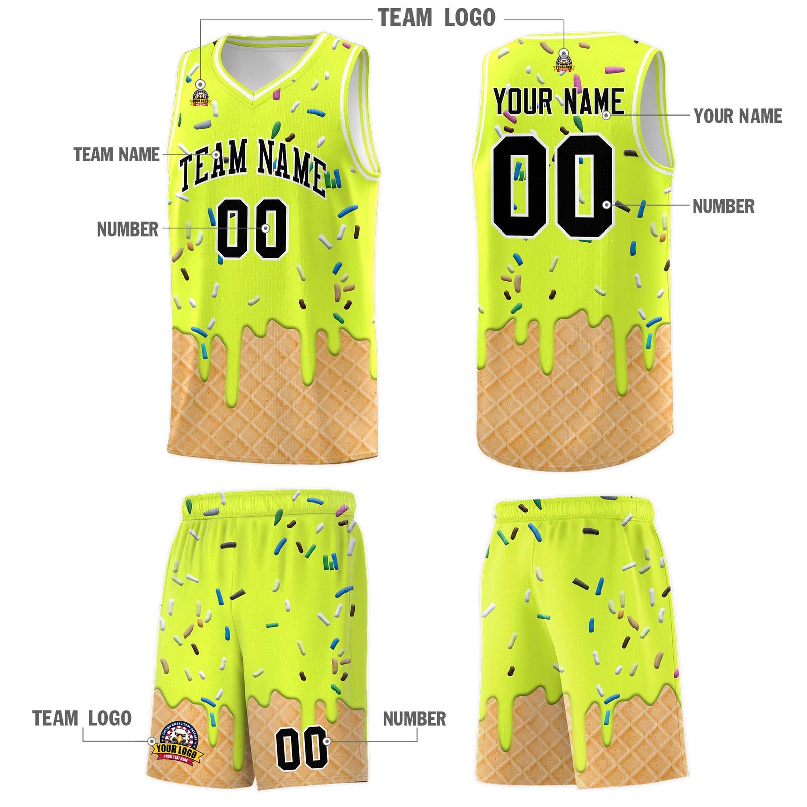 Custom Fluorescent Green Basketball Kits with Ice Cream Element Pattern
