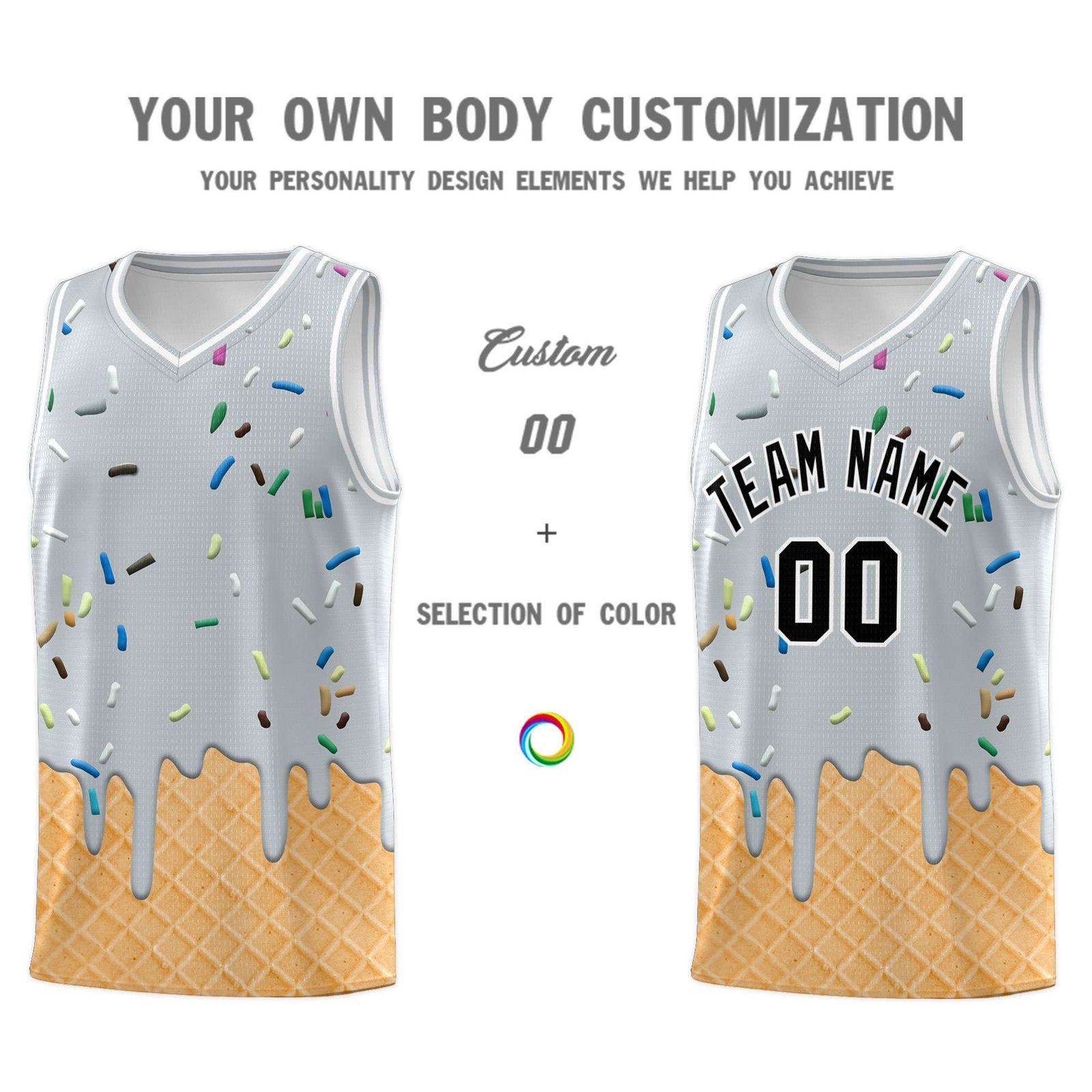 Custom Silver Basketball Kits with Ice Cream Element Pattern