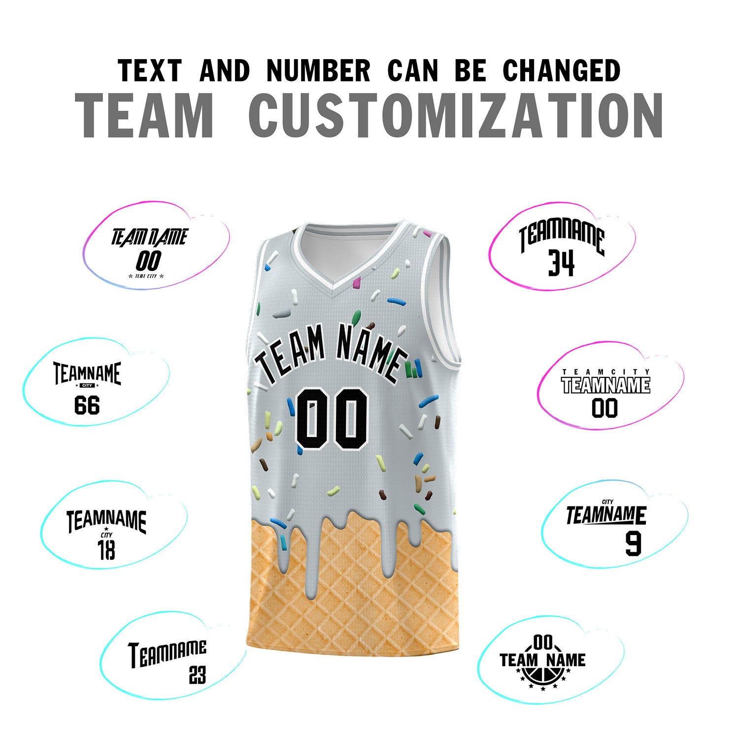 Custom Silver Basketball Kits with Ice Cream Element Pattern