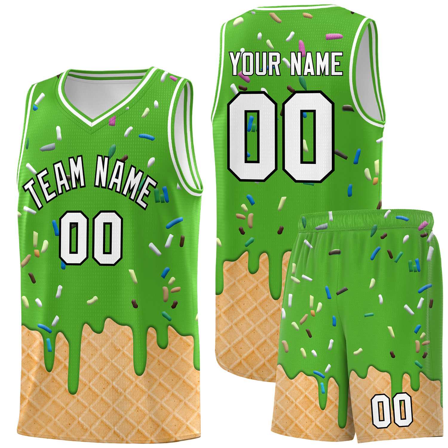 Custom Light Green Basketball Kits with Ice Cream Element Pattern