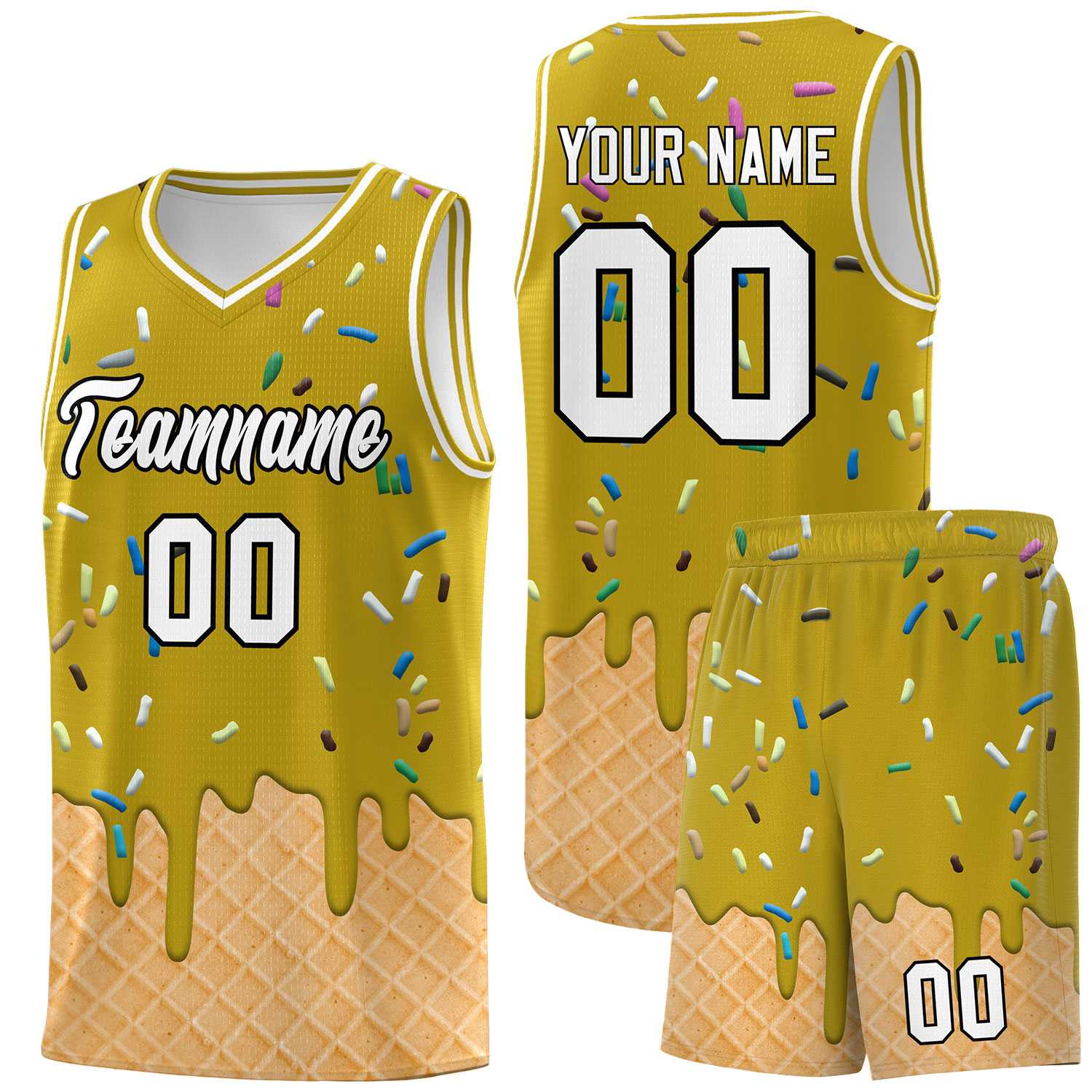 Custom Old Gold Basketball Kits with Ice Cream Element Pattern