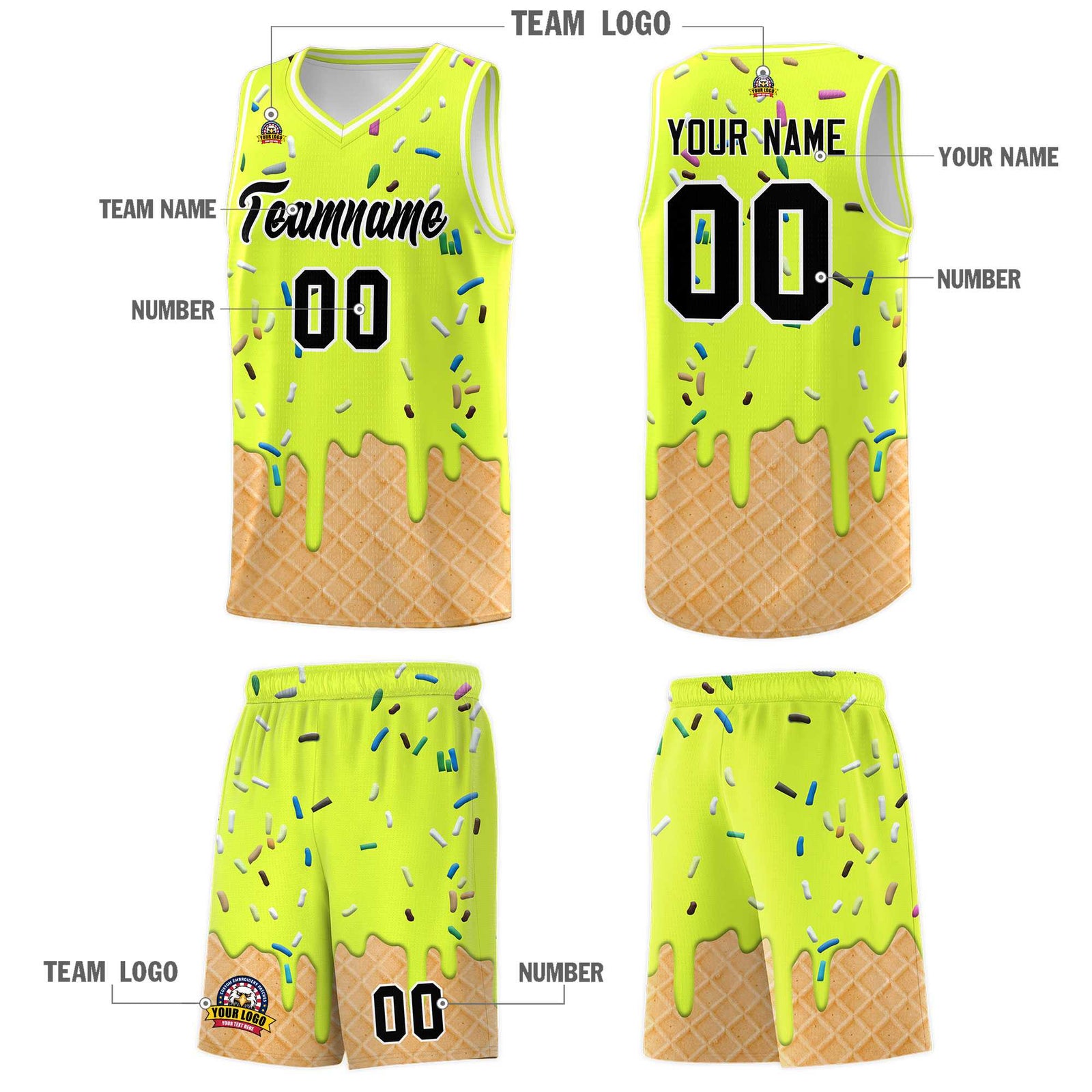 Custom Fluorescent Green Basketball Kits with Ice Cream Element Pattern