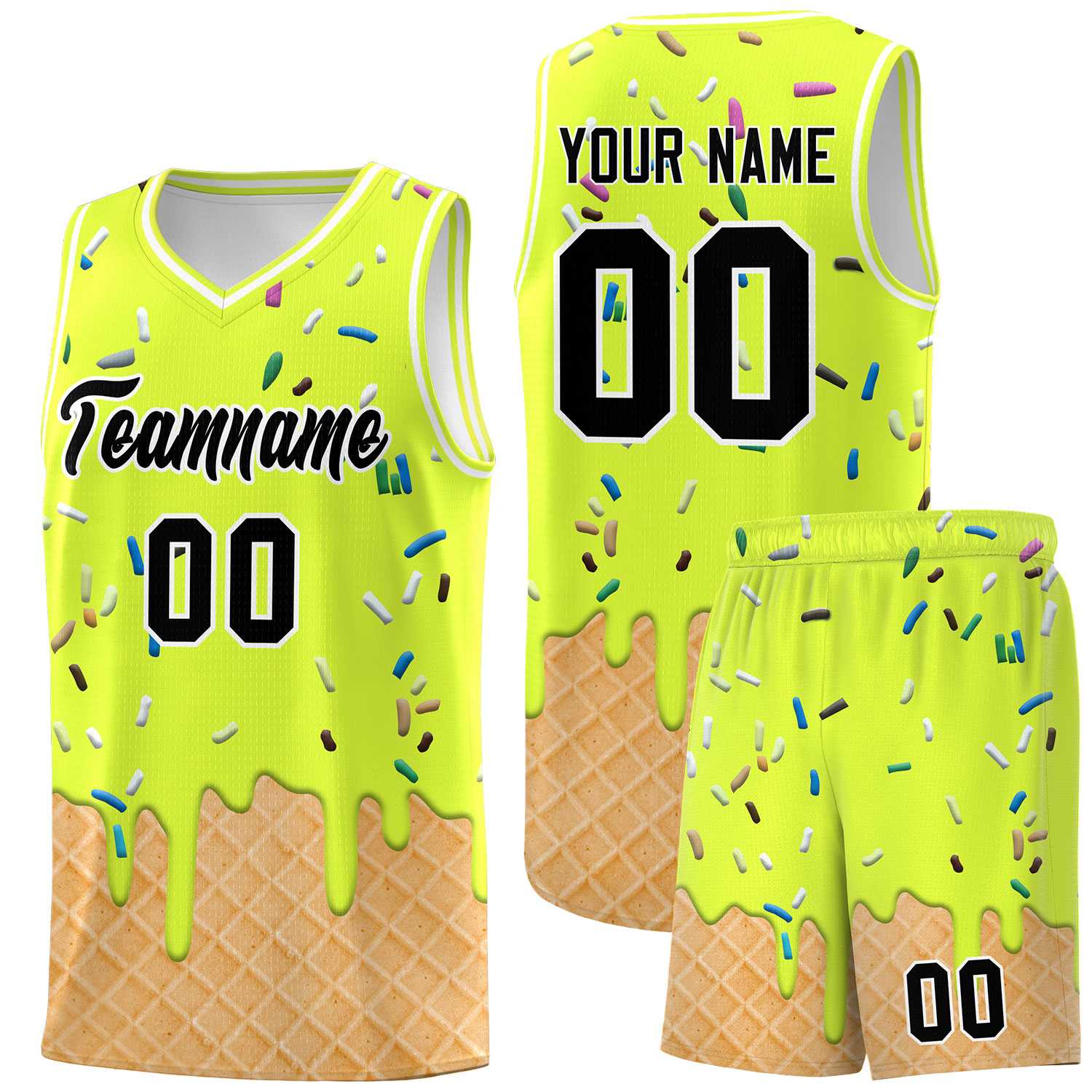 Custom Fluorescent Green Basketball Kits with Ice Cream Element Pattern