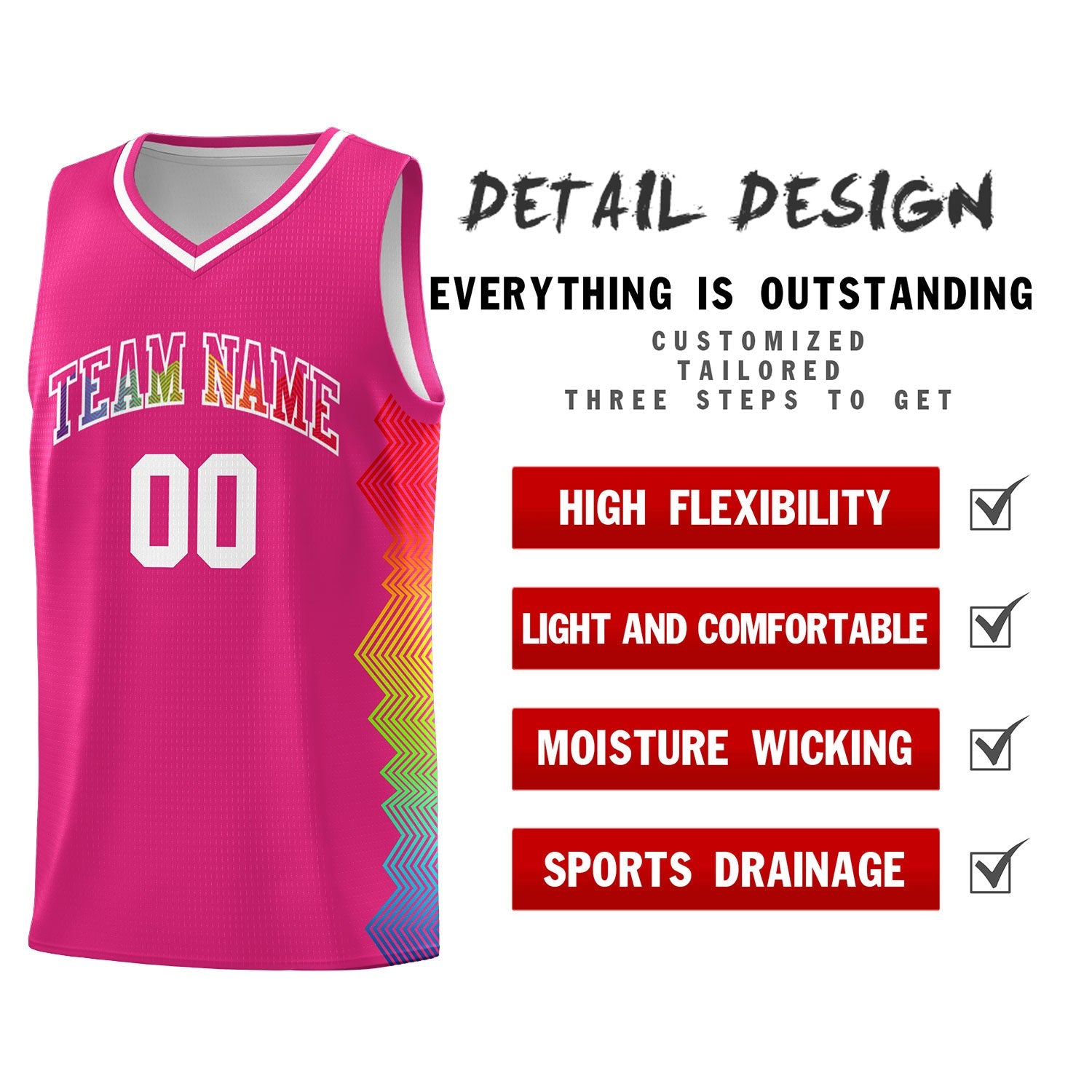 Custom Rose Red Denver Nuggets Rainbow Side Sports Uniform Basketball Jersey