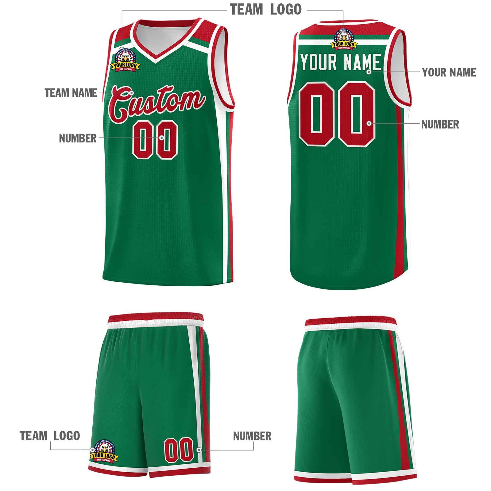 Custom Kelly Green Red White Trendy Color Charge Series Sports Uniform Basketball Jersey| KXKSHOP
