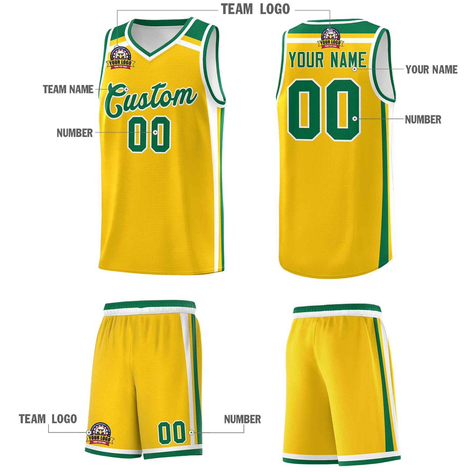 Custom Gold Kelly Green White Trendy Color Charge Series Sports Uniform Basketball Jersey| KXKSHOP