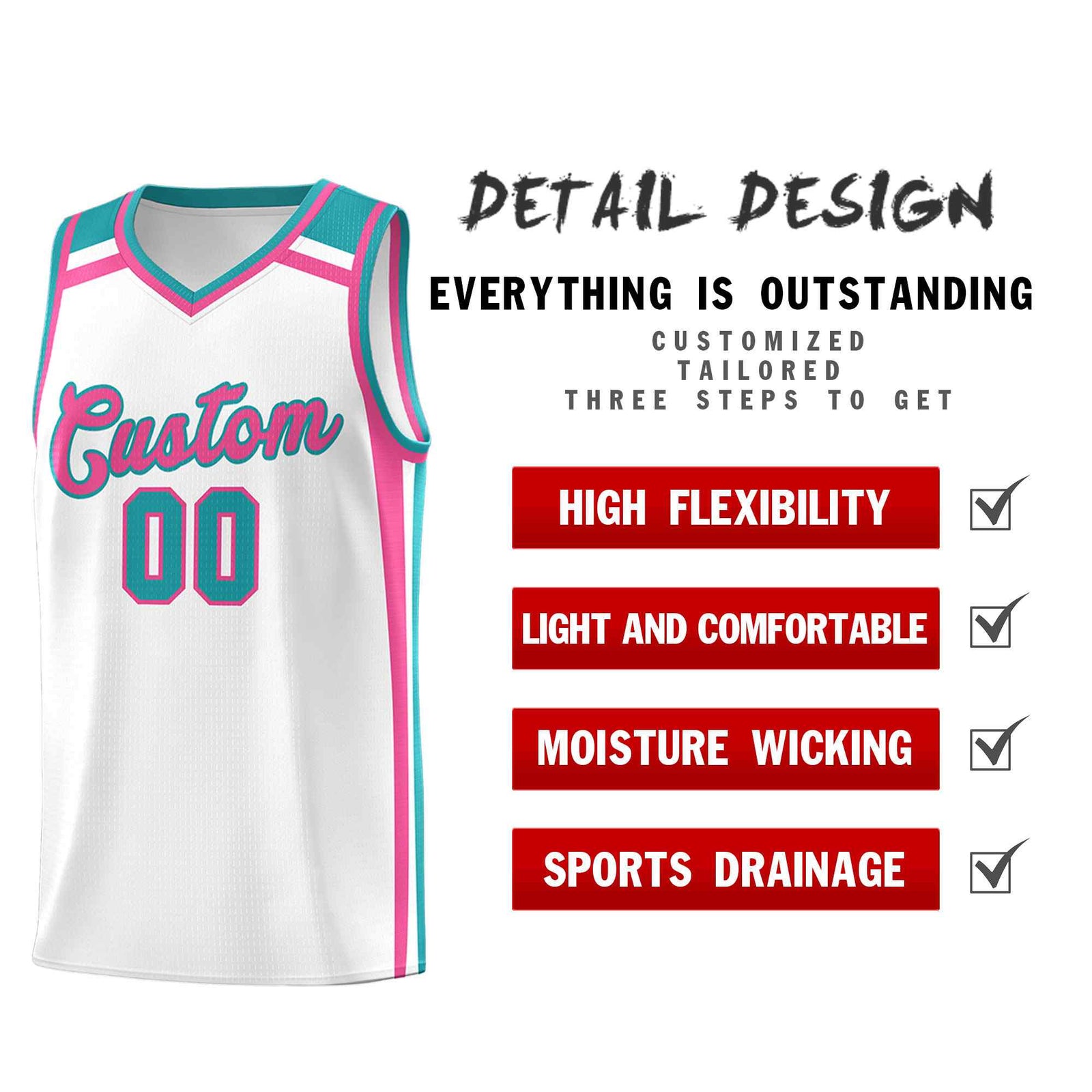 Custom White Pink Aqua Trendy Color Charge Series Sports Uniform Basketball Jersey