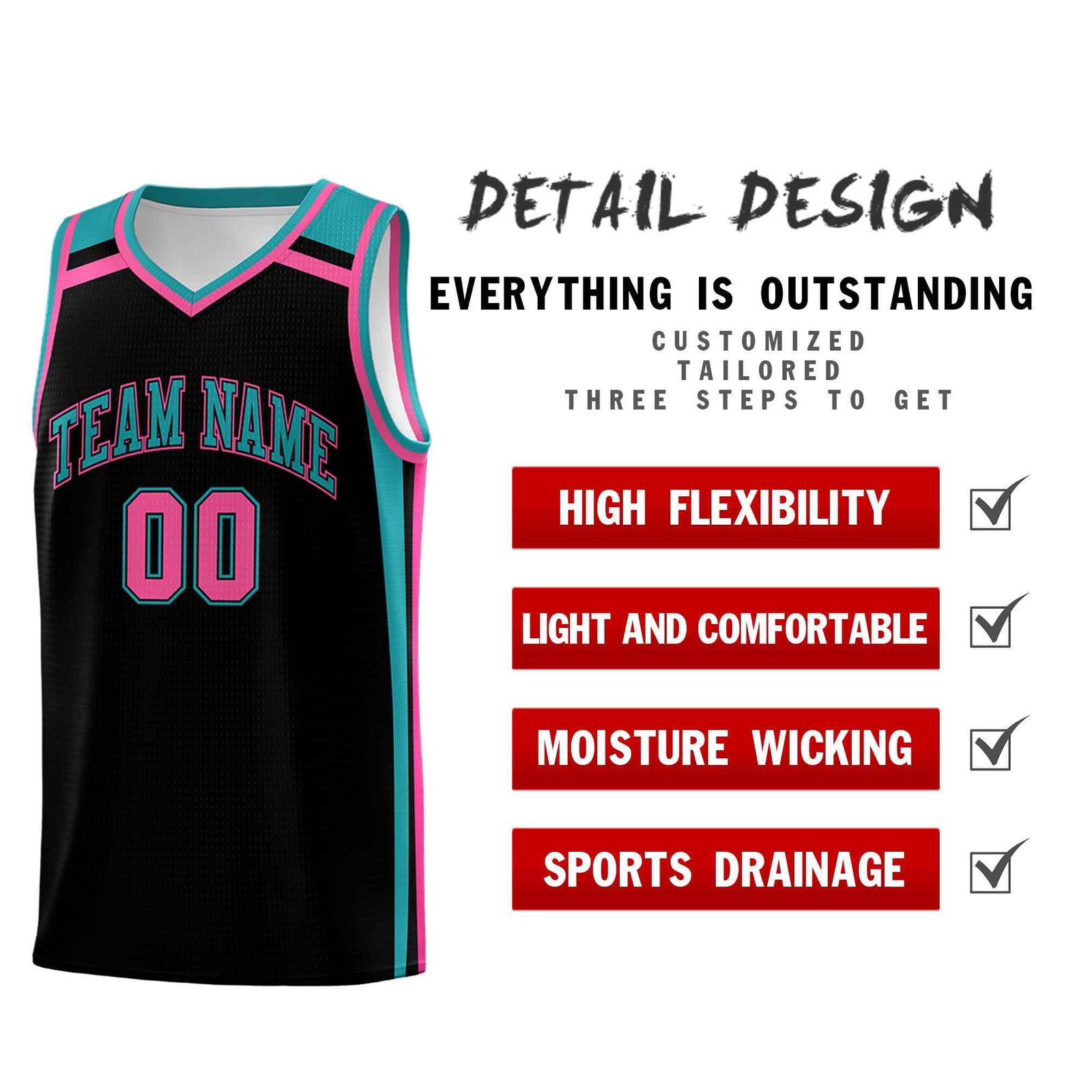 Custom Black Aqua Pink Trendy Color Charge Series Sports Uniform Basketball Jersey