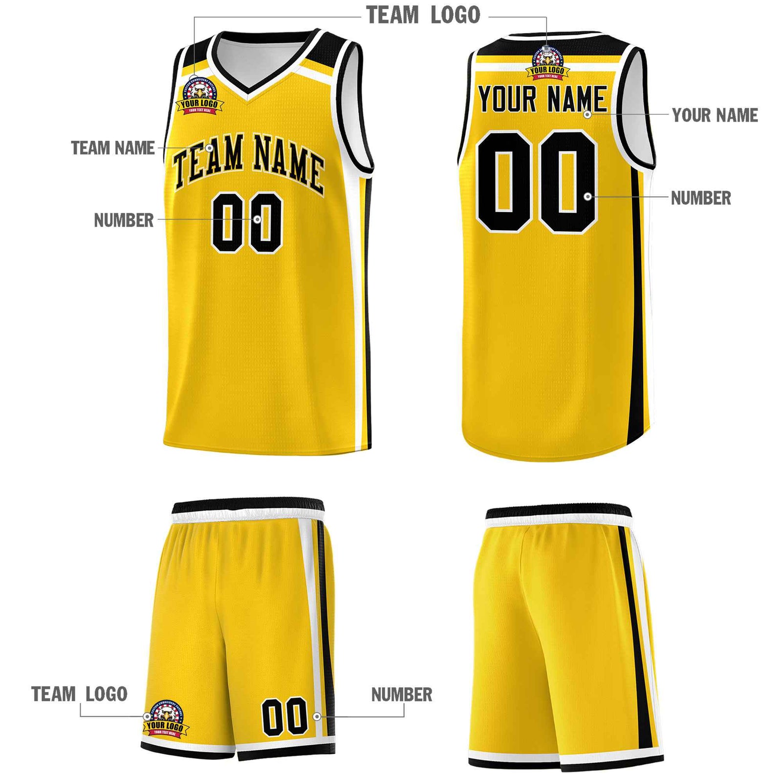 Custom Gold Black White Trendy Color Charge Series Sports Uniform Basketball Jersey