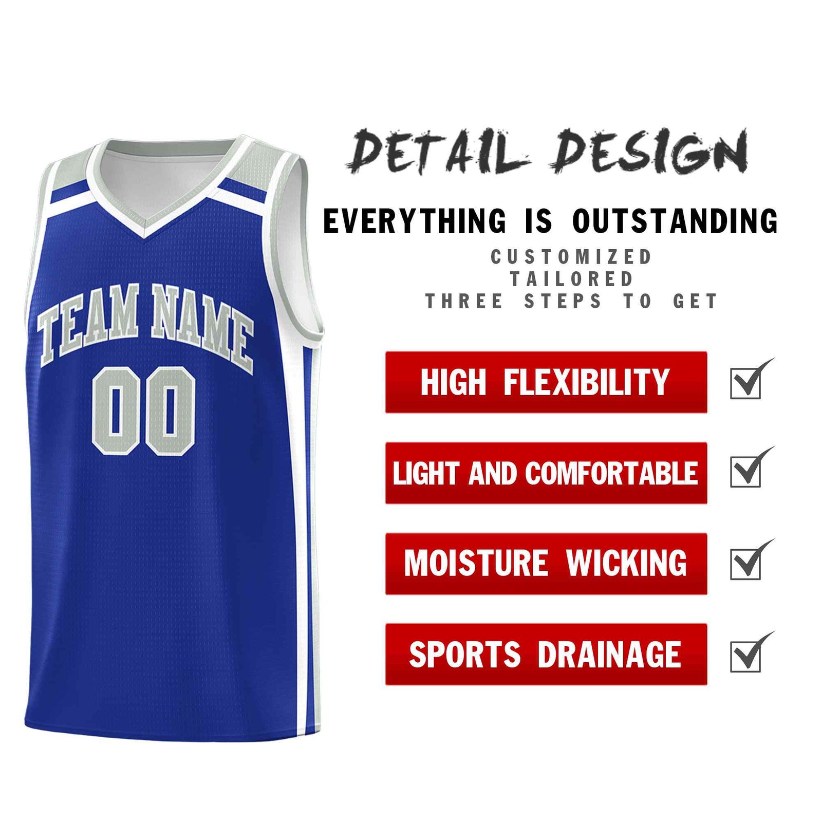 Custom Royal Blue White Gray Trendy Color Charge Series Sports Uniform Basketball Jersey