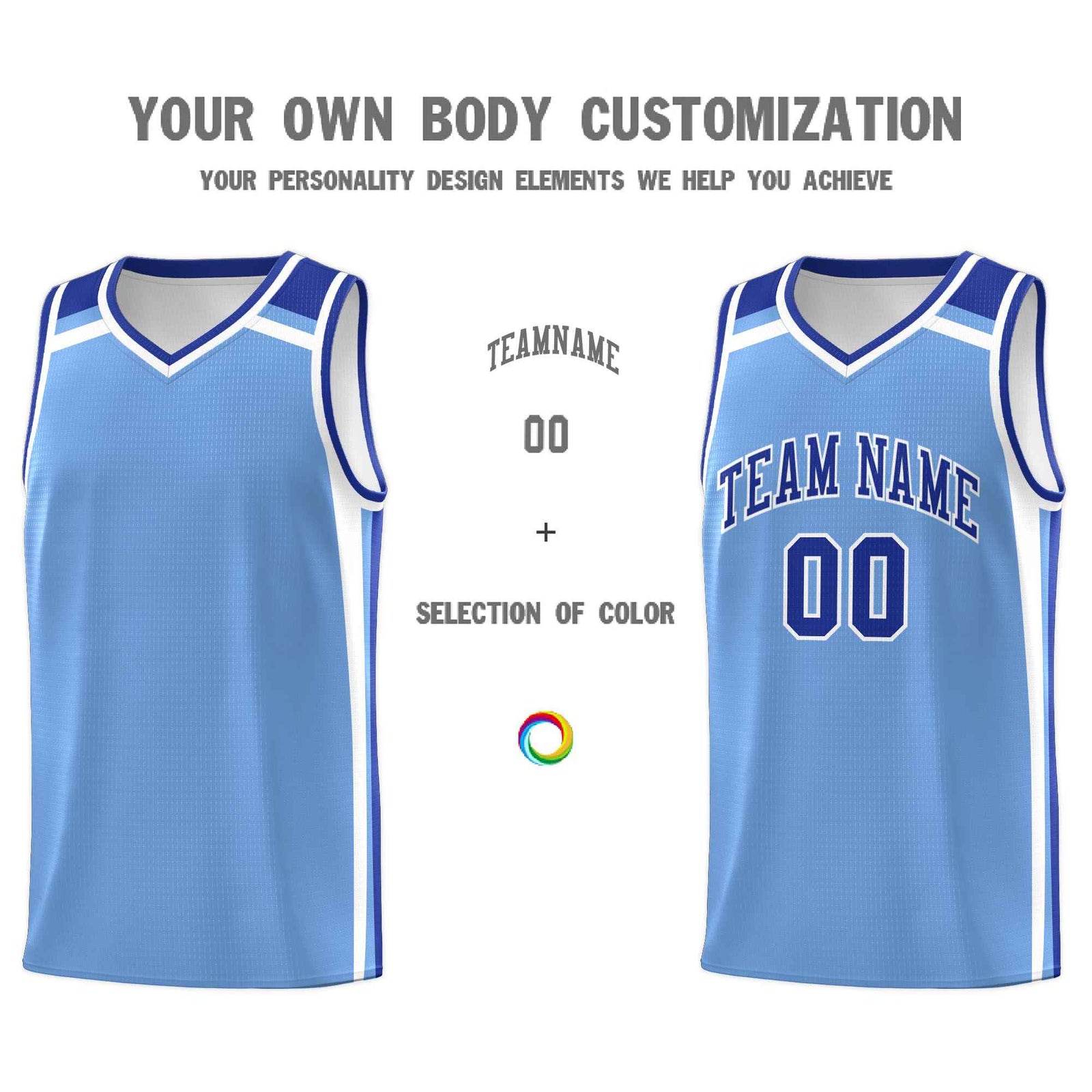 Custom Light Blue Royal Blue White Trendy Color Charge Series Sports Uniform Basketball Jersey