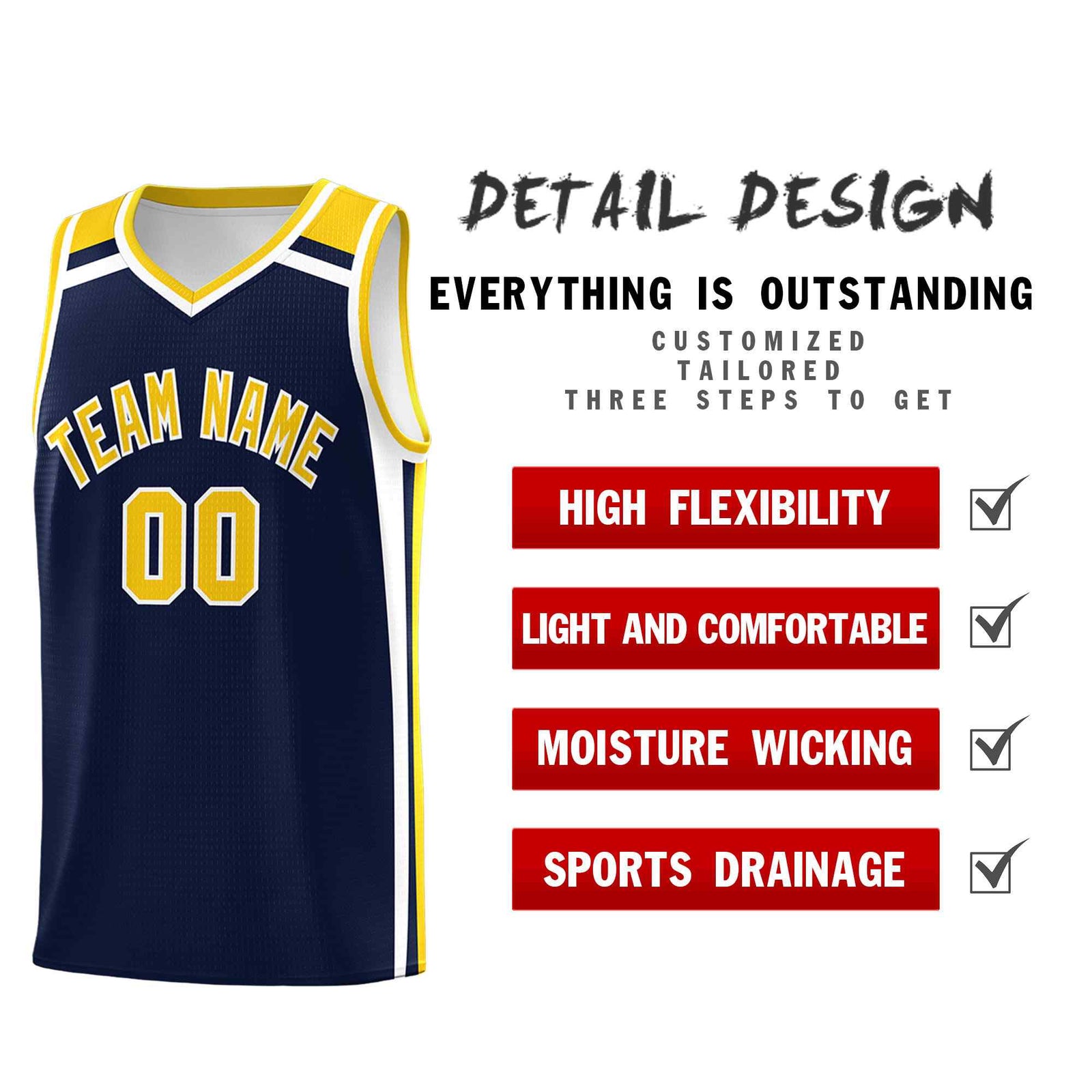 Custom Navy Gold White Trendy Color Charge Series Sports Uniform Basketball Jersey