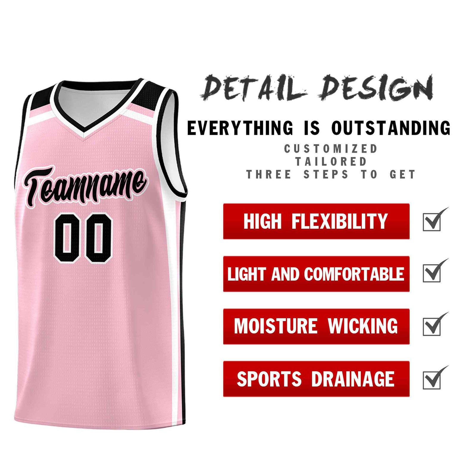 Custom Light Pink White Black Trendy Color Charge Series Sports Uniform Basketball Jersey