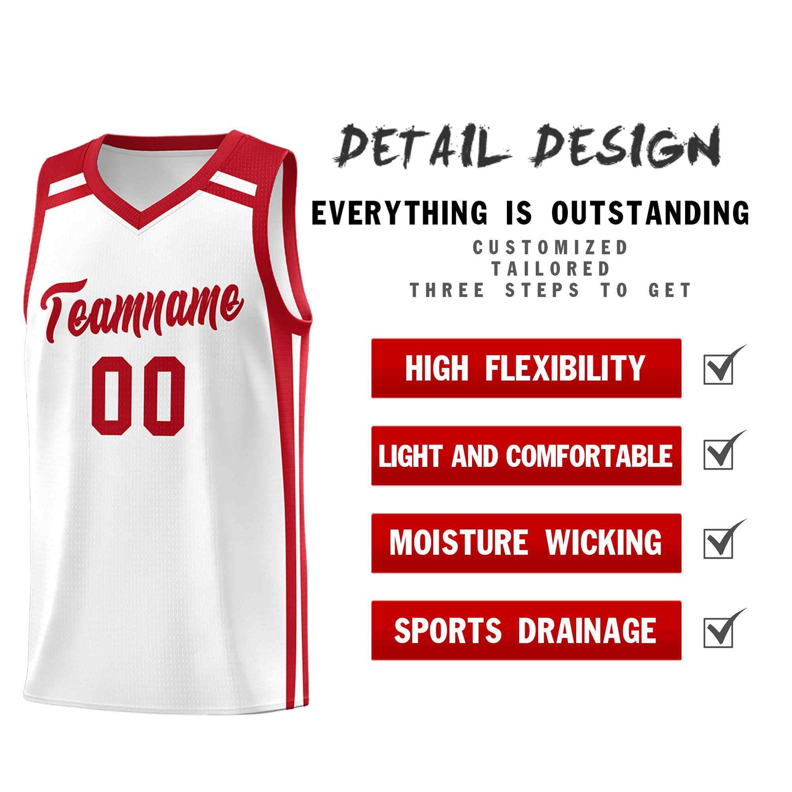 Custom White Red Trendy Color Charge Series Sports Uniform Basketball Jersey