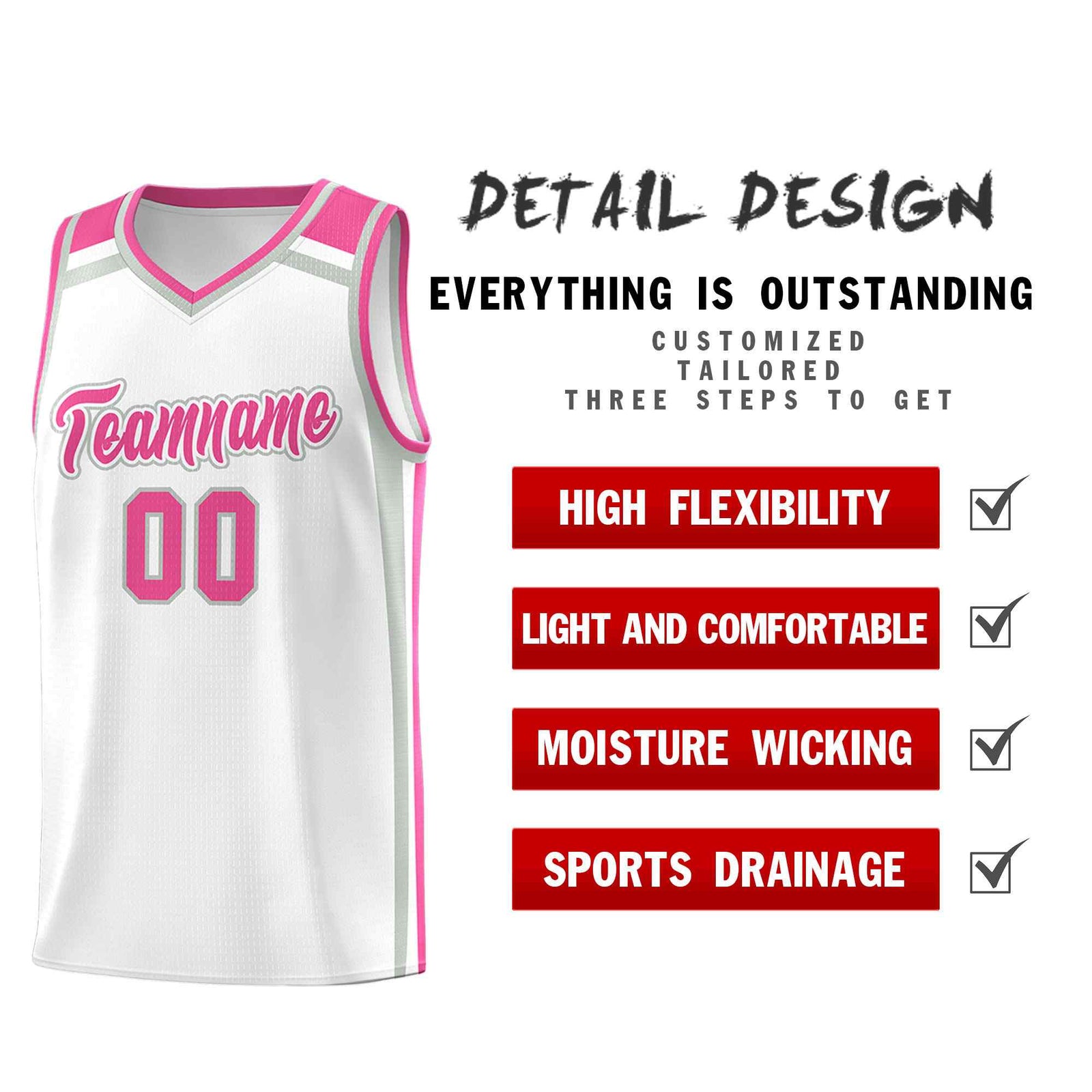 Custom White Gray Pink Trendy Color Charge Series Sports Uniform Basketball Jersey
