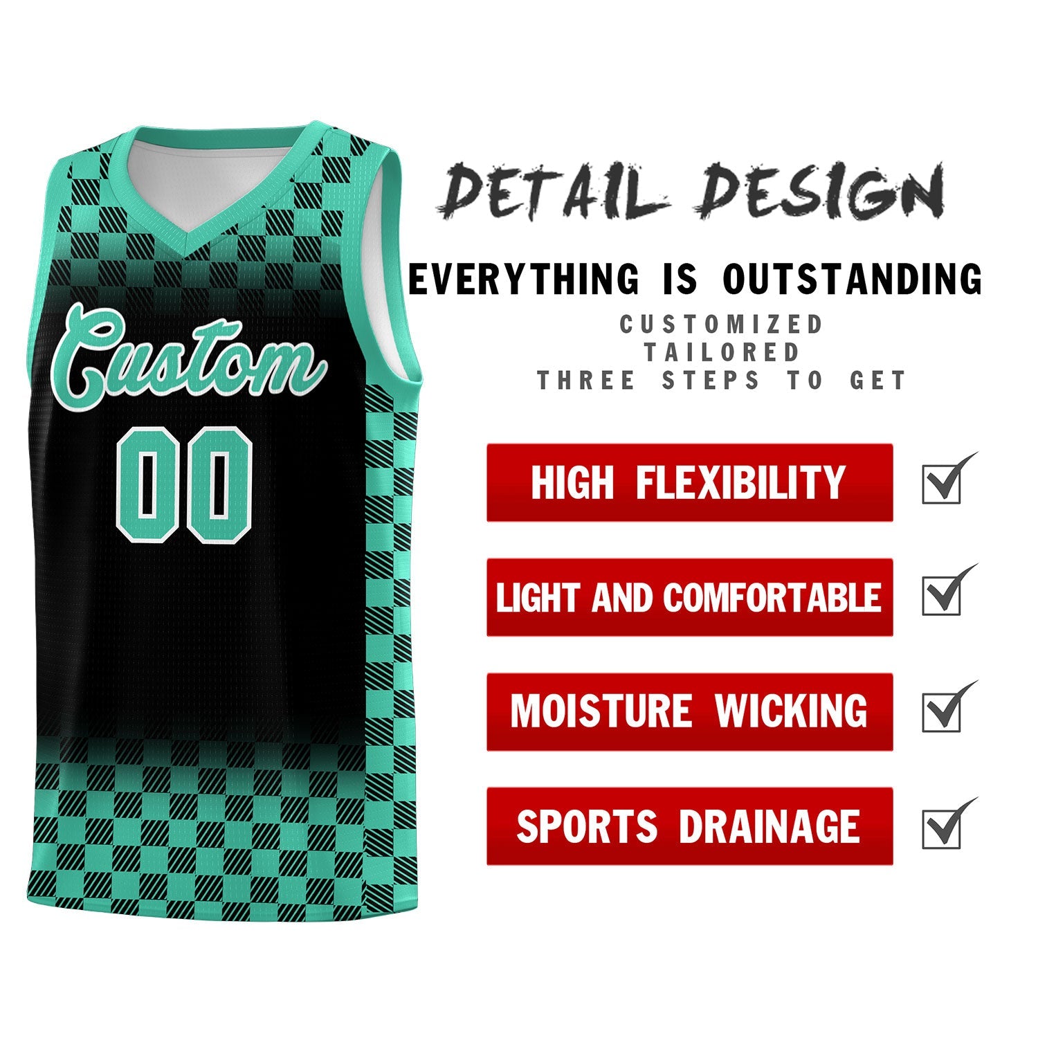 Custom Black Bright Green Classic Plaid Pattern Sports Uniform Basketball Jersey