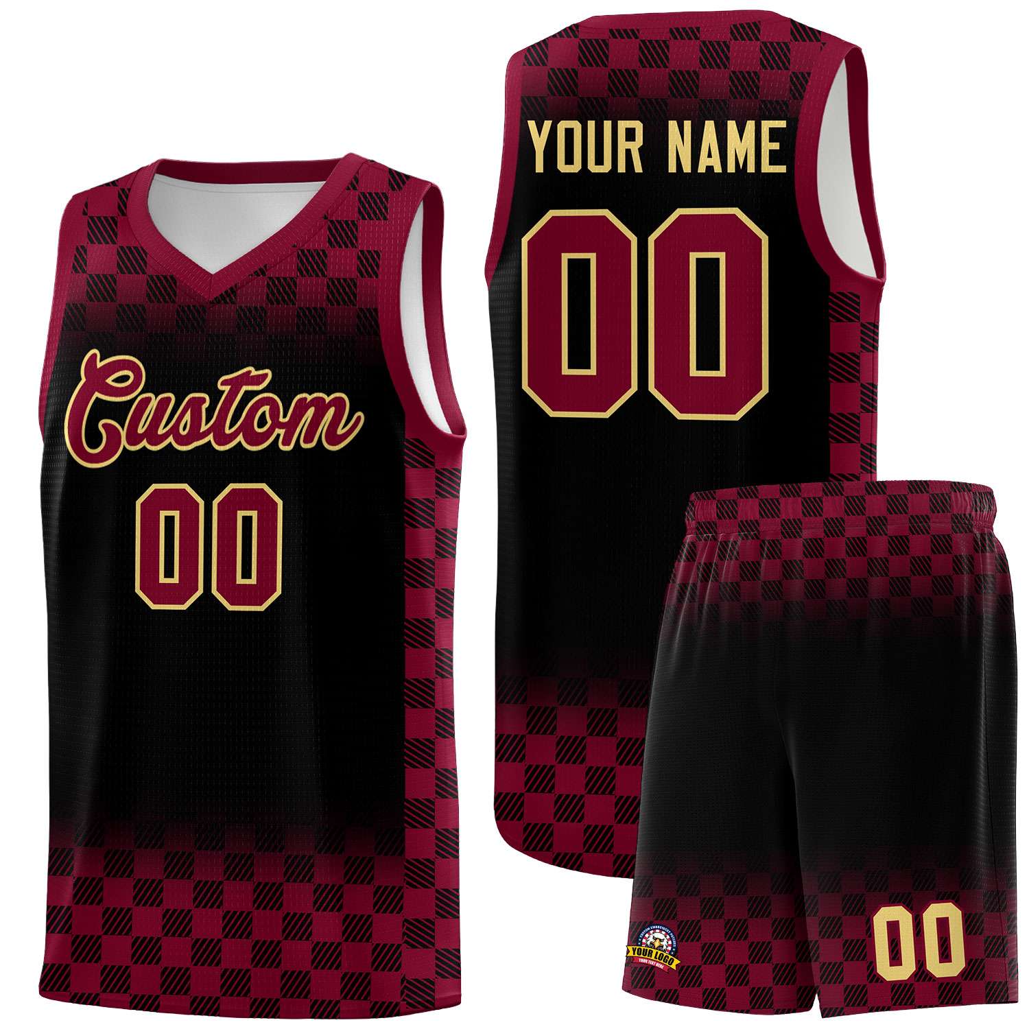 Custom Black Crimson Classic Plaid Pattern Sports Uniform Basketball Jersey