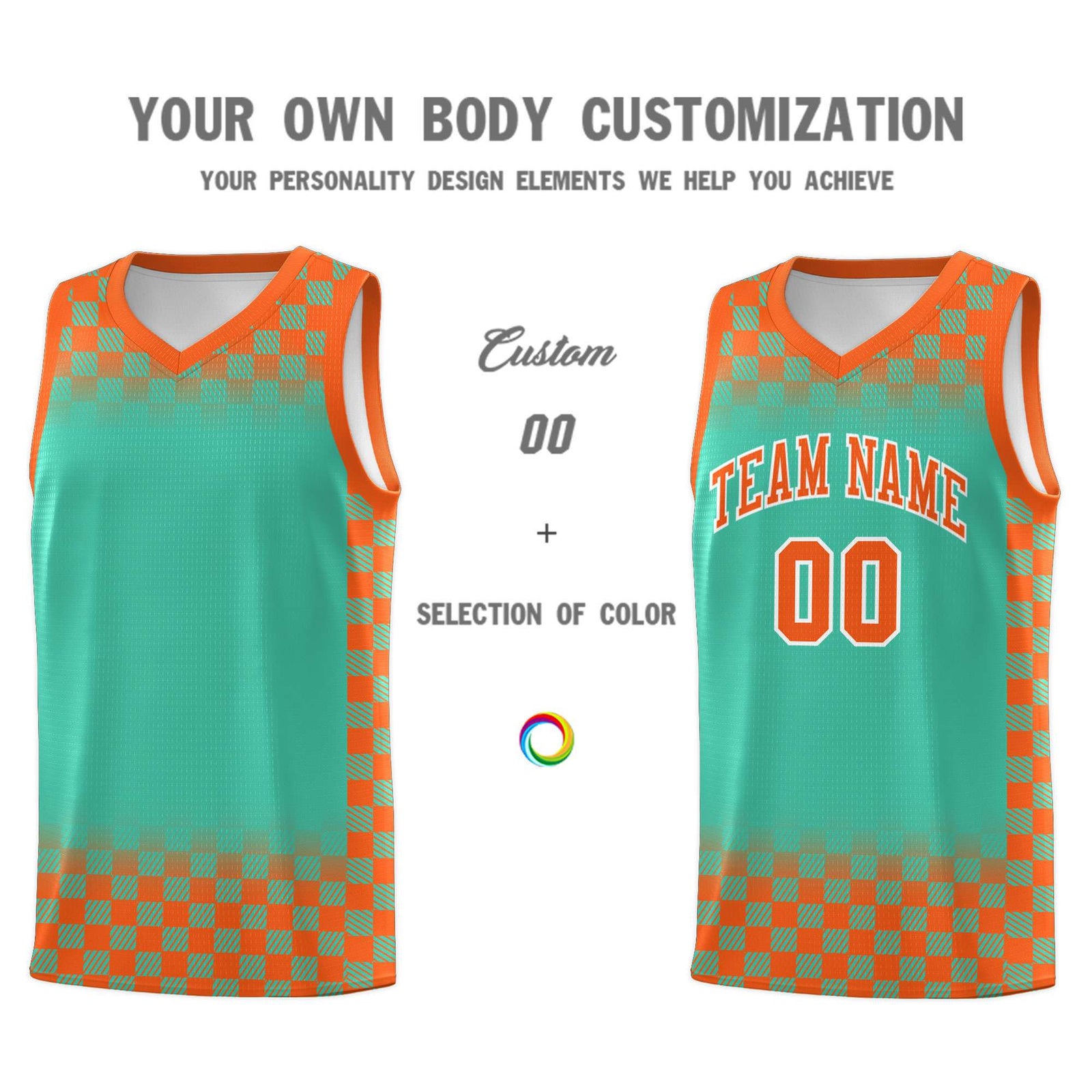 Custom Bright Green Orange Classic Plaid Pattern Sports Uniform Basketball Jersey