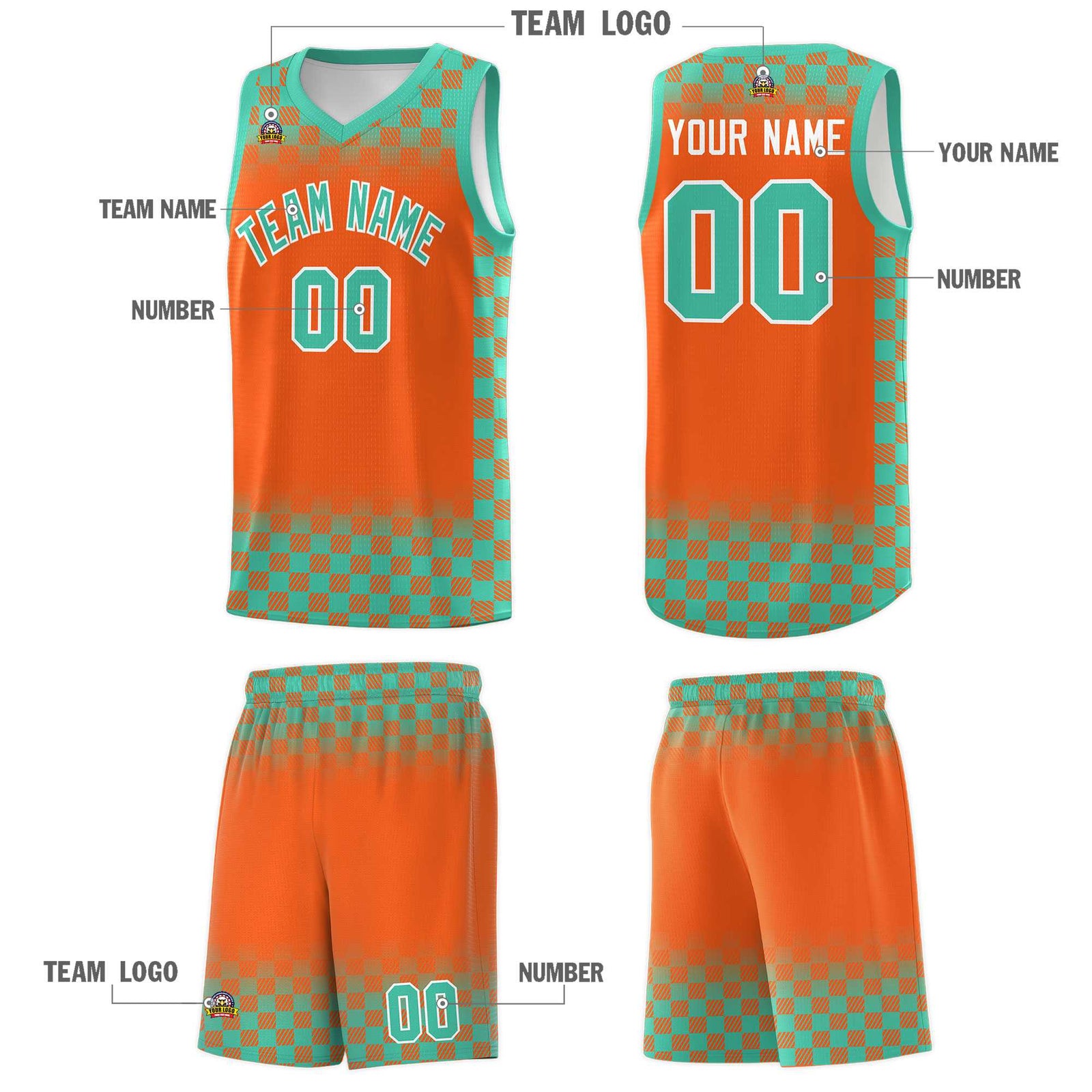 Custom Orange Bright Green Classic Plaid Pattern Sports Uniform Basketball Jersey