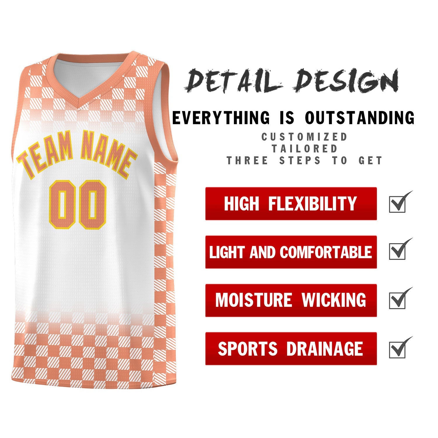 Custom White Light Orange Classic Plaid Pattern Sports Uniform Basketball Jersey