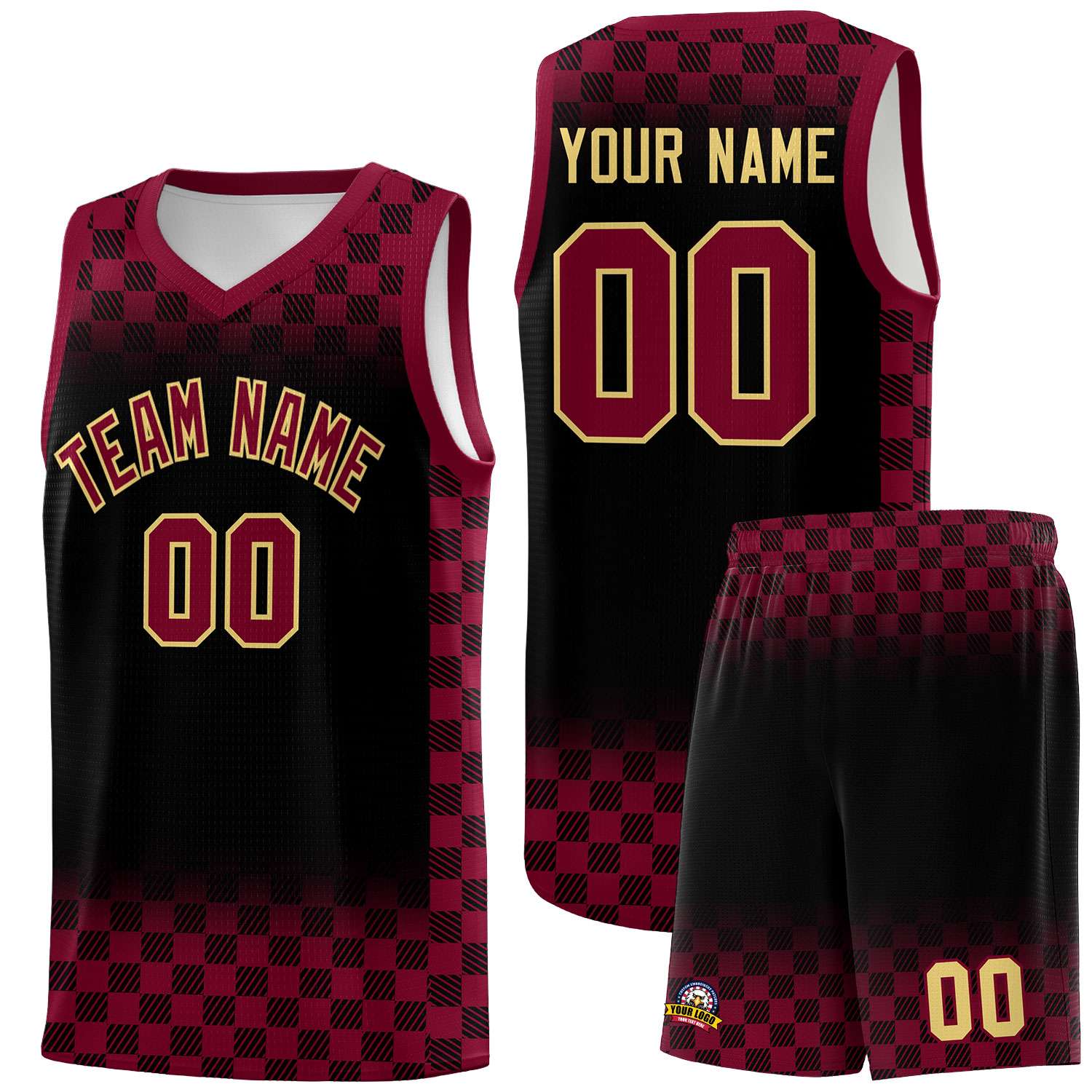 Custom Black Crimson Classic Plaid Pattern Sports Uniform Basketball Jersey
