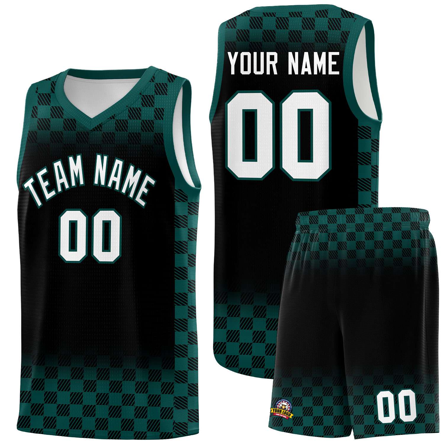 Custom Black Midnight Green Classic Plaid Pattern Sports Uniform Basketball Jersey