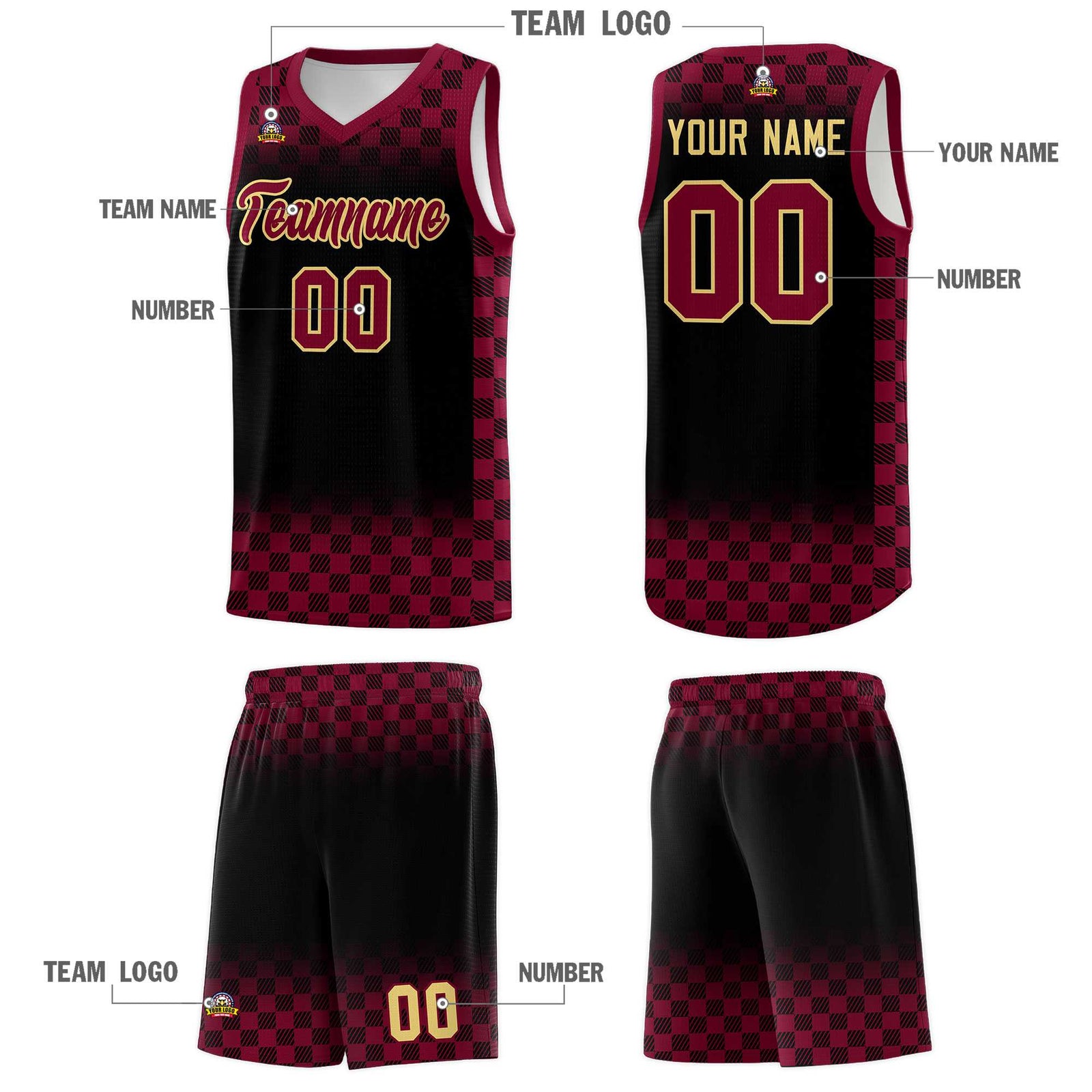 Custom Black Crimson Classic Plaid Pattern Sports Uniform Basketball Jersey