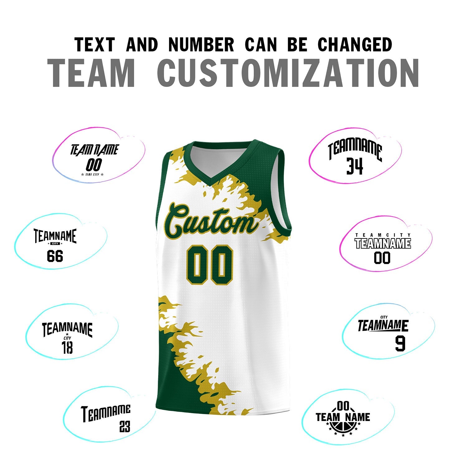 Custom White Green-Old Gold Sparkle Print Pattern Basketball Kits