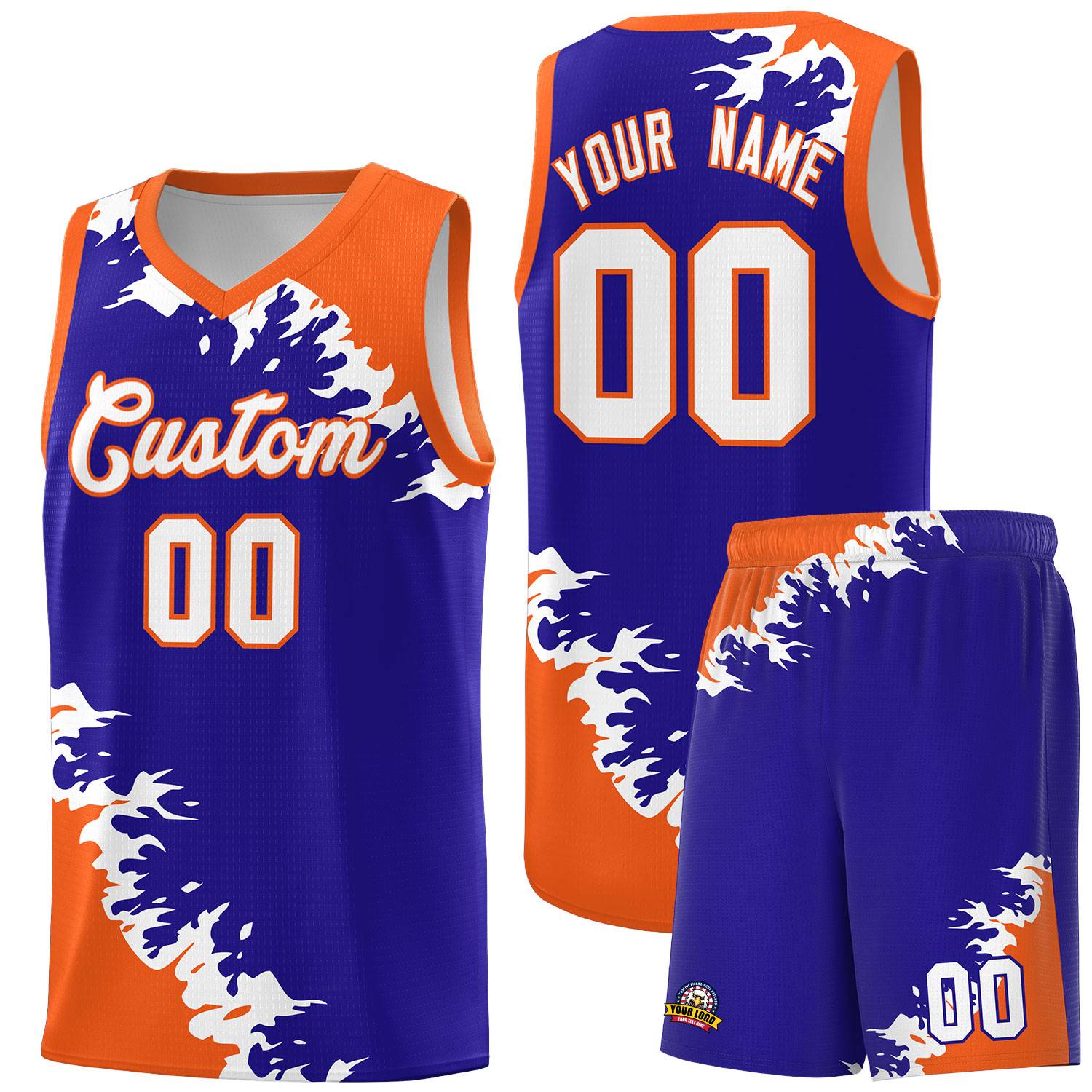Custom Royal Orange-White Sparkle Print Pattern Basketball Kits