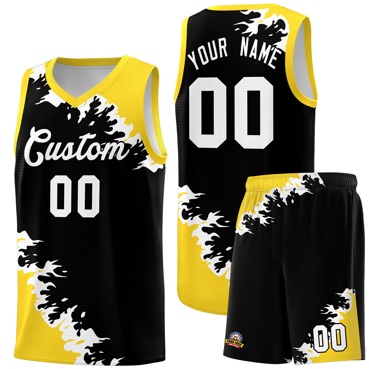 Custom Black Gold-White Sparkle Print Pattern Basketball Kits