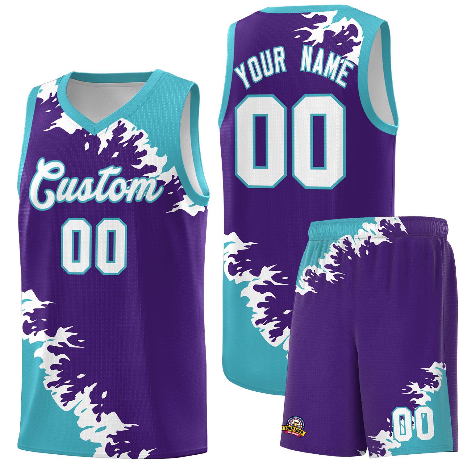 Custom Purple Sky Blue-White Sparkle Print Pattern Basketball Kits